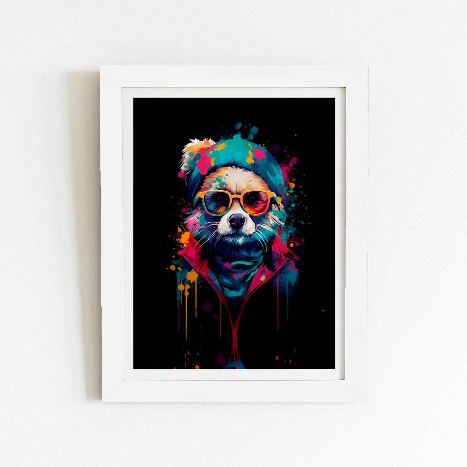 Multi Coloured Splashart Dog With Glasses Framed Art Print