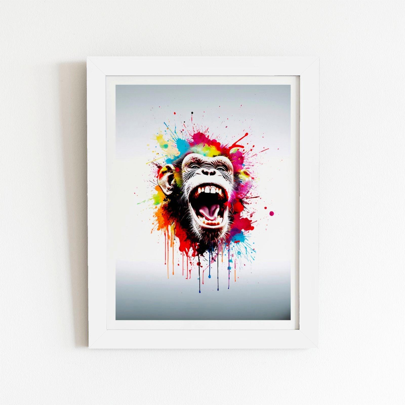 Coloured Splashart Crazy Monkey Face Framed Art Print