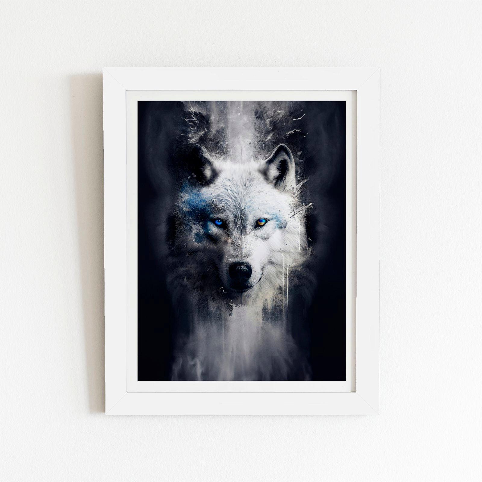 White Wolf Face Splashart Dark Backgrouns Framed Art Print