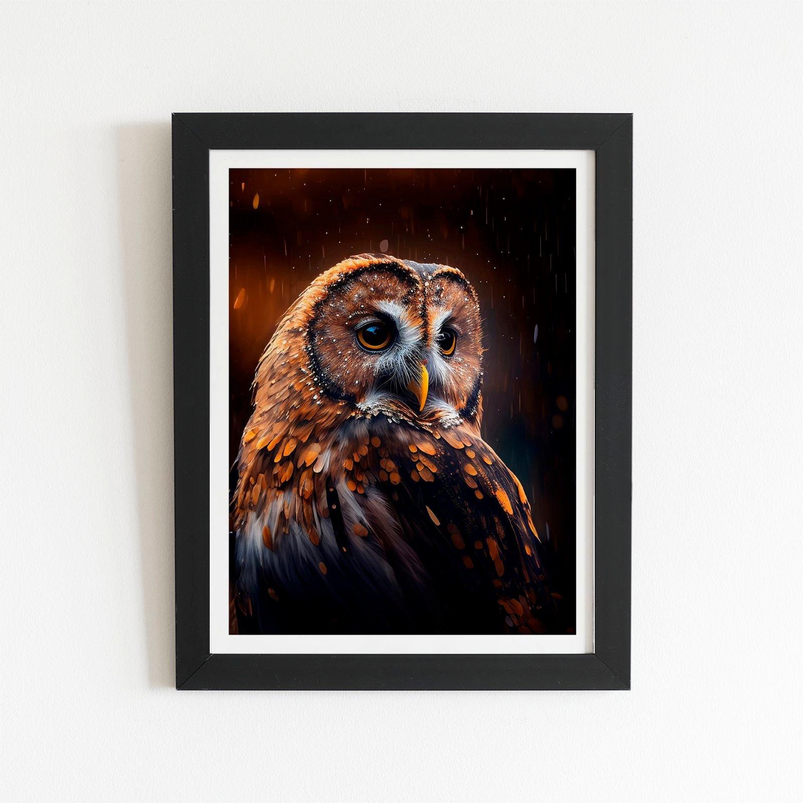 Tawny Owl Face Splashart Dark Background Framed Art Print