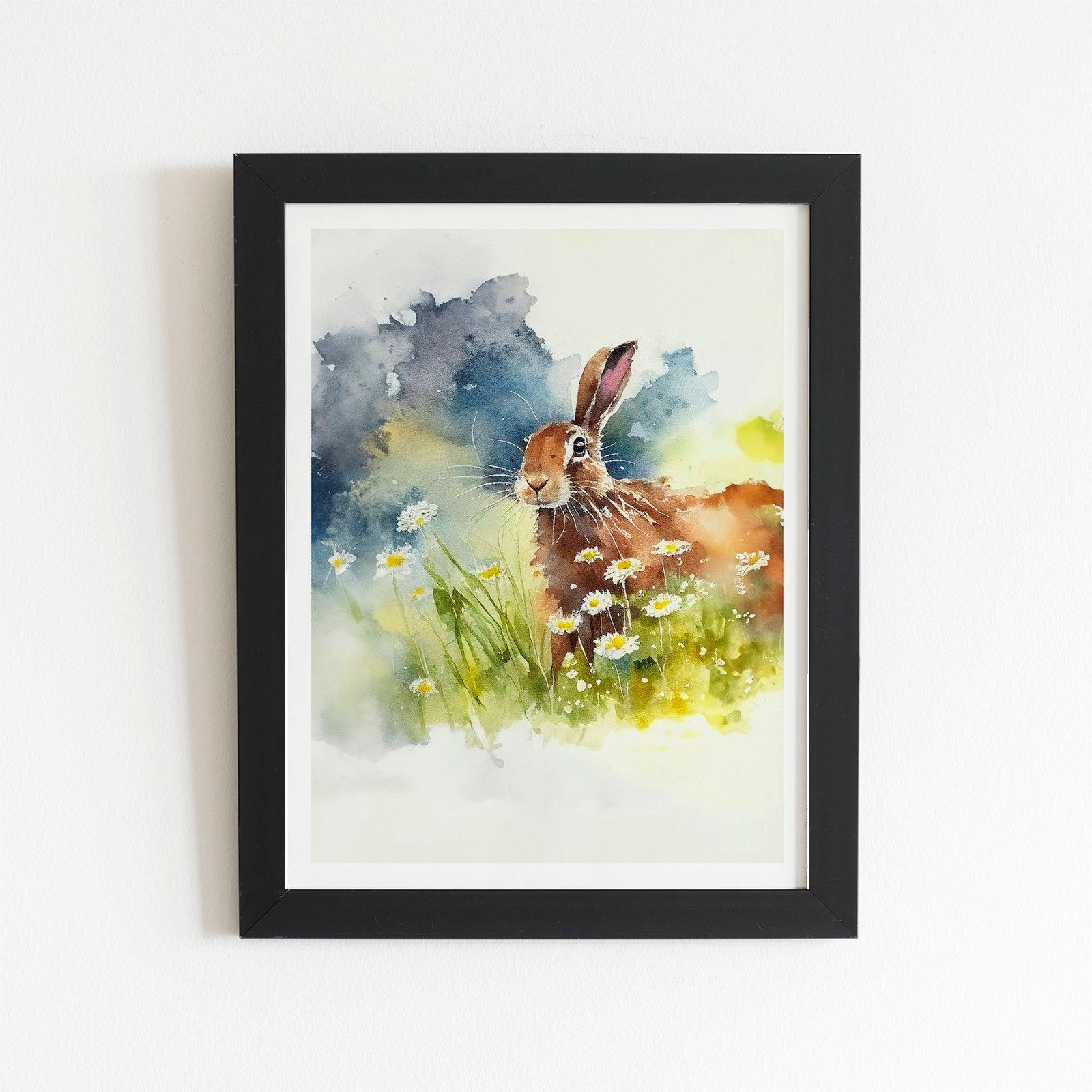 Hare And Daisies Watercolour Framed Art Print