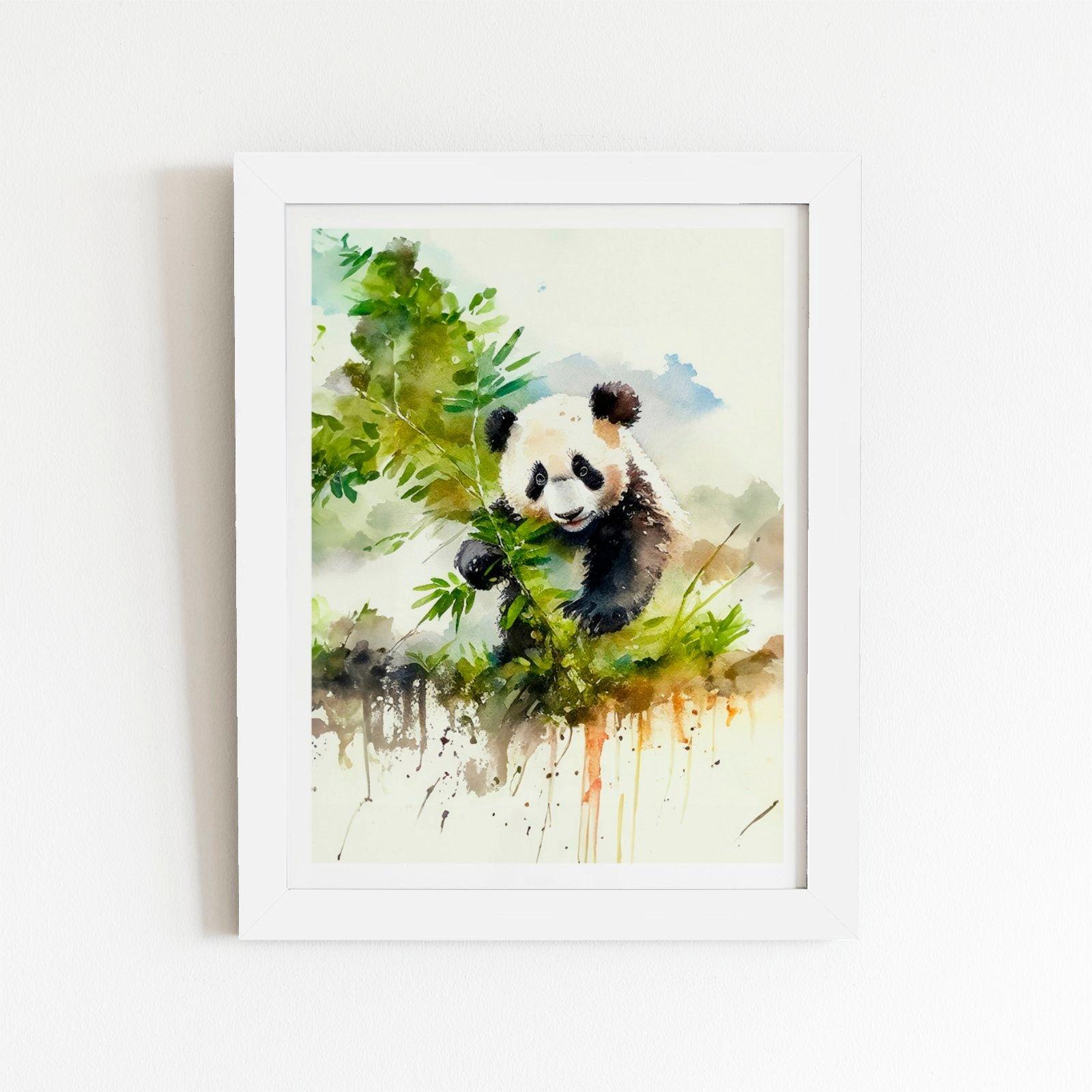 Panda Eating Bamboo Watercolour Framed Art Print