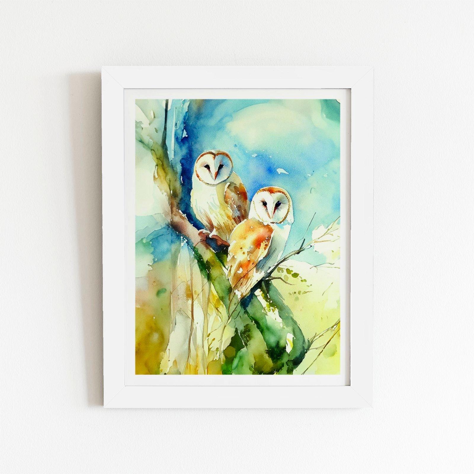 Barn Owls Watercolour Framed Art Print