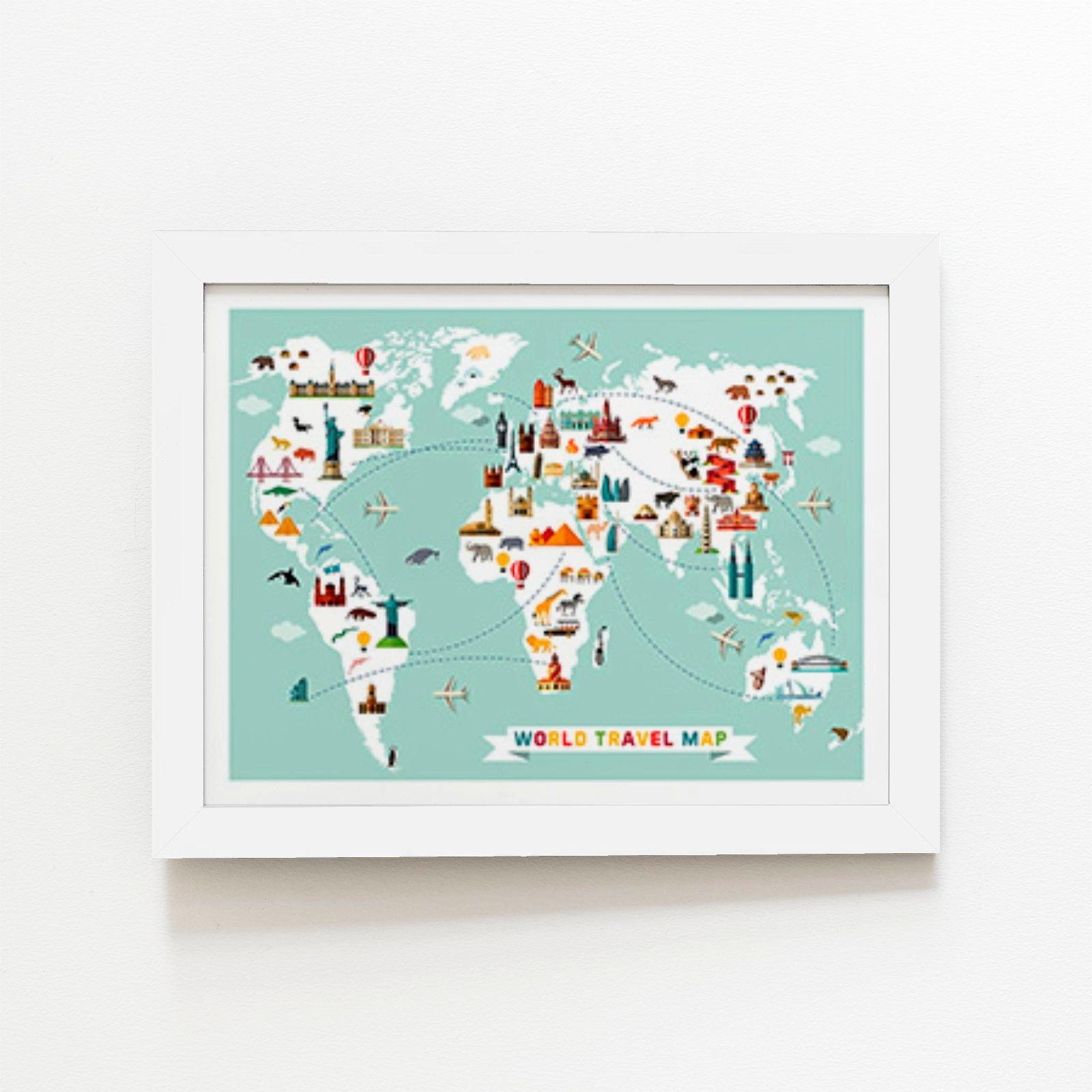 Cartoon Animal World Map Framed Art Print