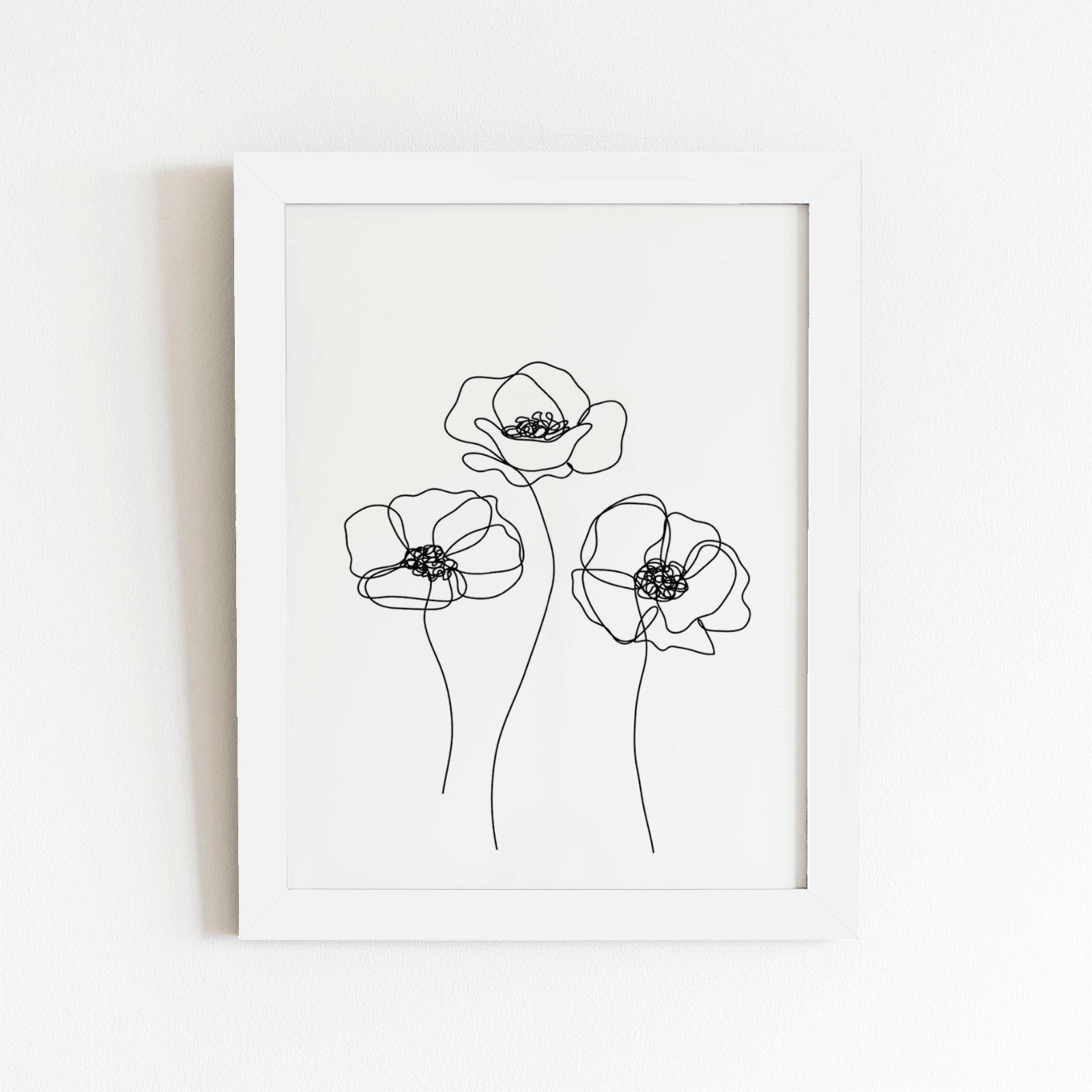 Monochrome Line Drawn Poppies Framed Art Print