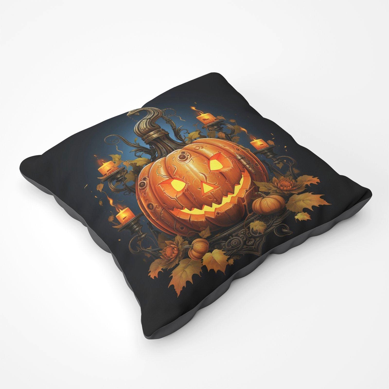 Spooy Pumpkin With Leaves And Small Candles Floor Cushion