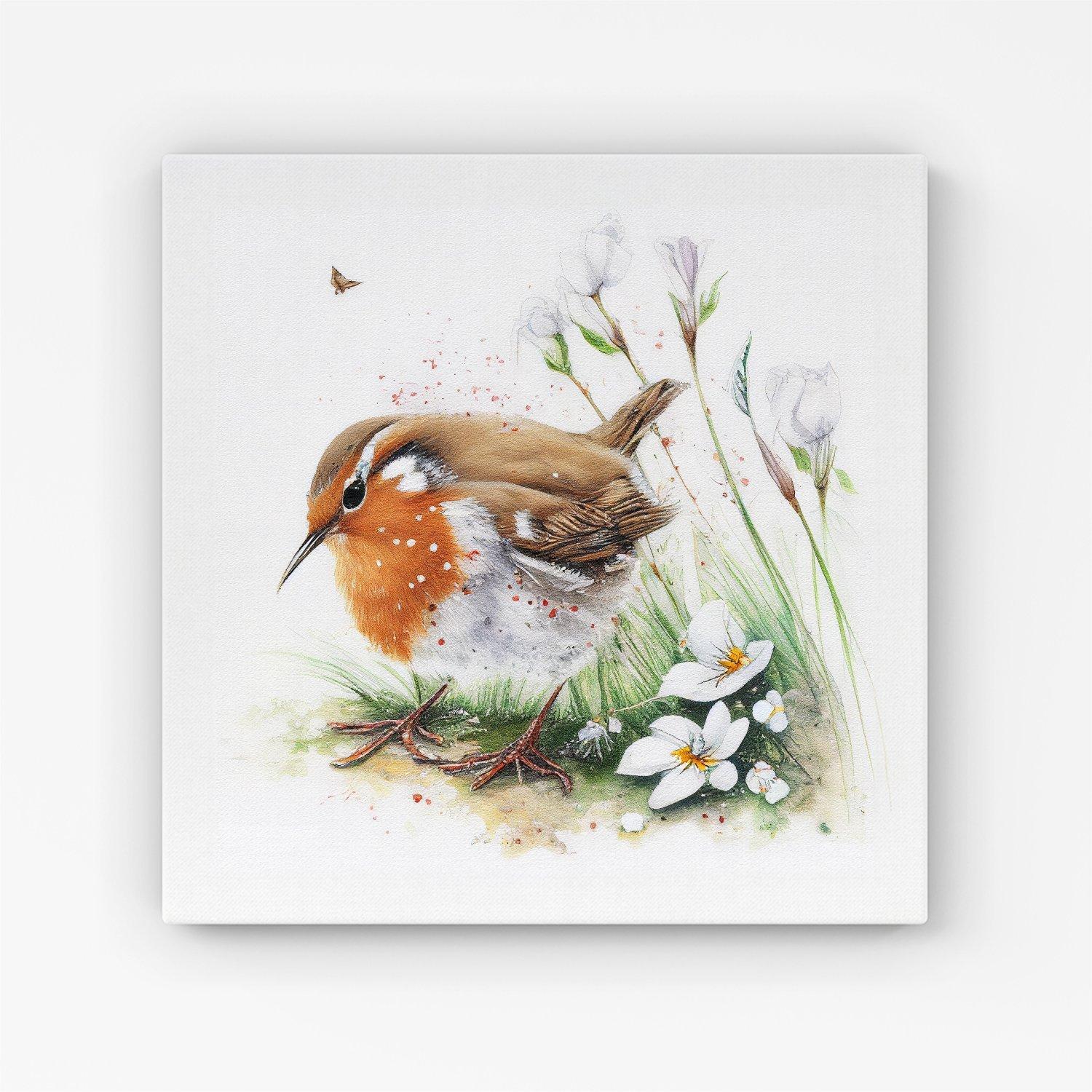 Robin And Daisies Watercolour Canvas