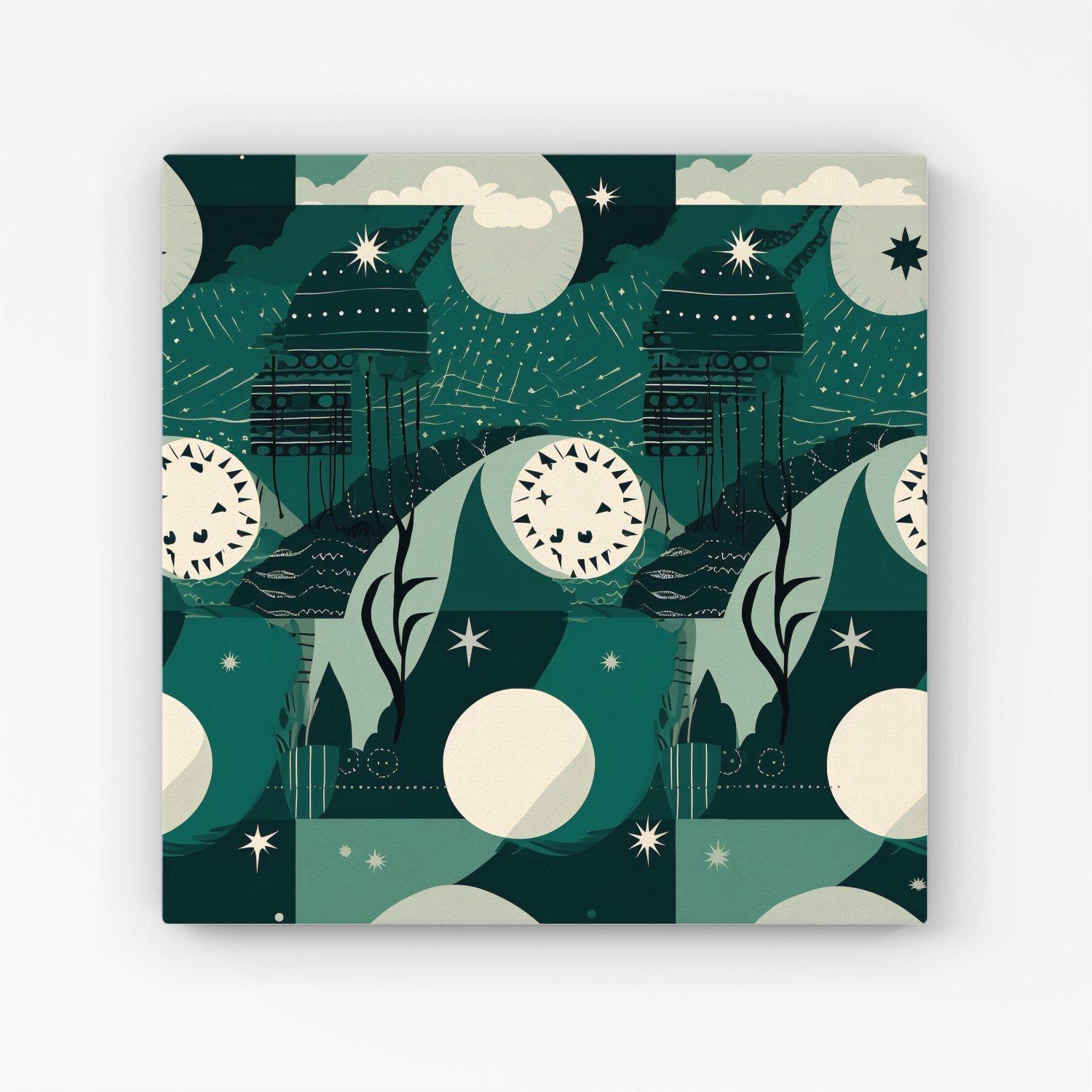 Abstact Green Cream Moon and Stars Canvas