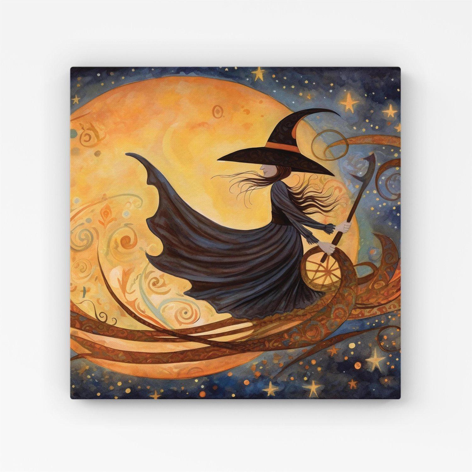 Imaginative Painting Of A Whimsical Witch On A Broomstick Canvas