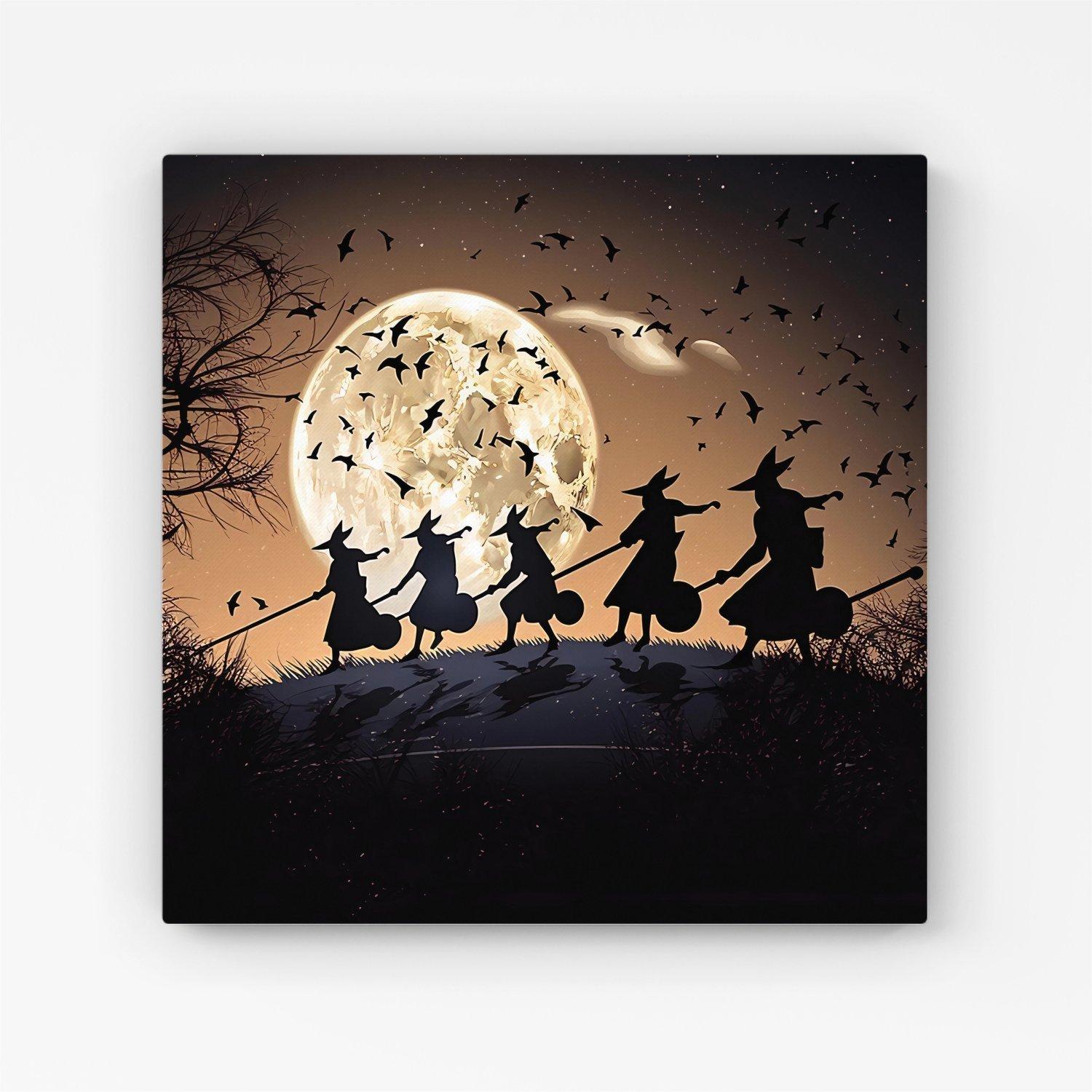 A Group Of Witches Riding Broomsticks Through The Night Canvas