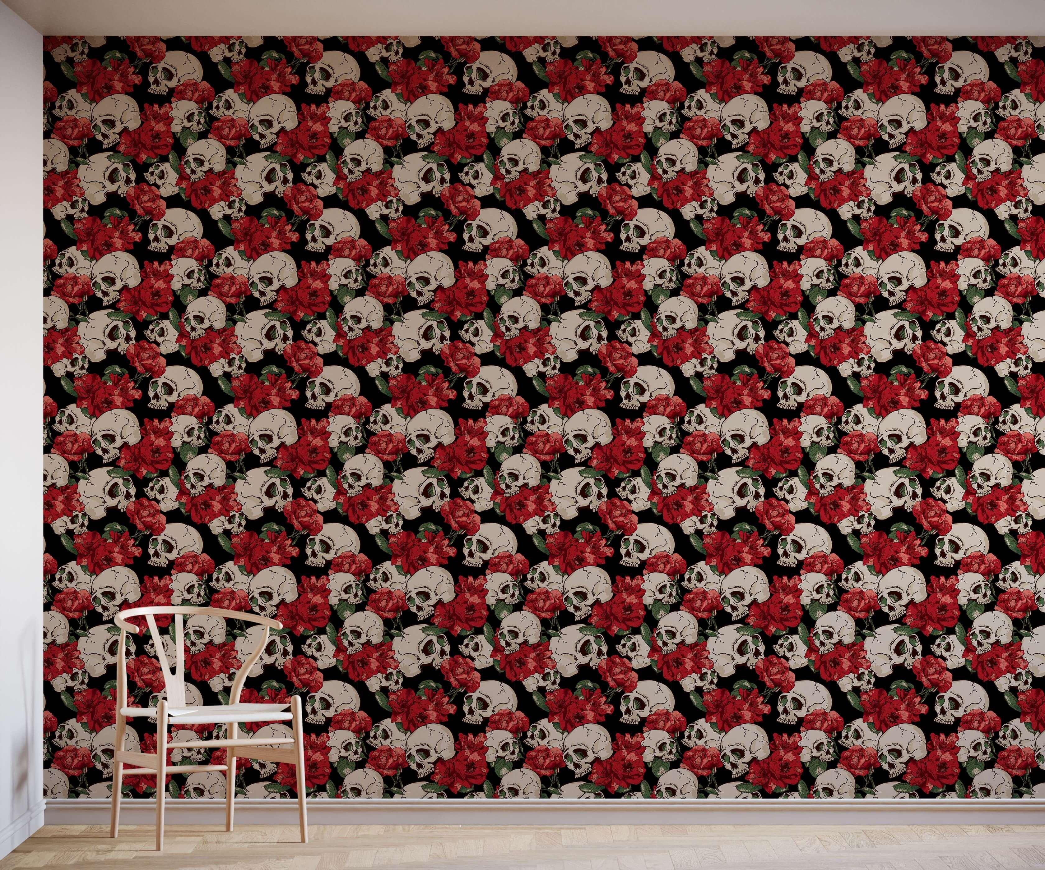 Eco-Friendly Gothic Skull And Roses Wallpaper
