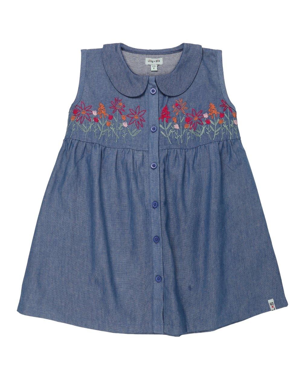 Floral Embroidered Chambray Collar Dress