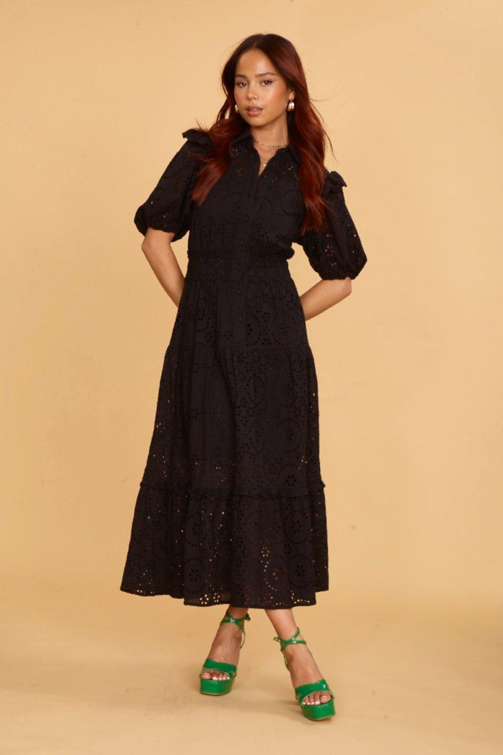 Black Floral 3/4 Puff Sleeve Belted Midi Shirt Dress