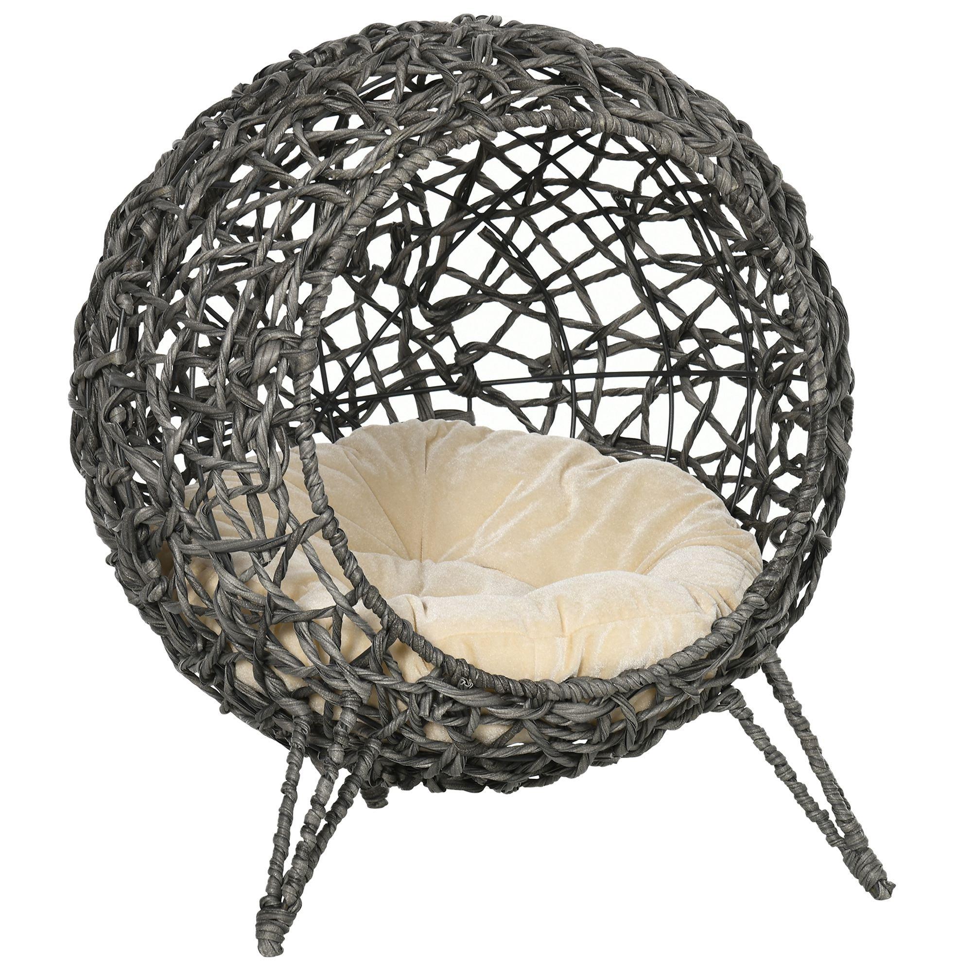 Wicker Cat House, Rattan Elevated Cat Bed with Cushion