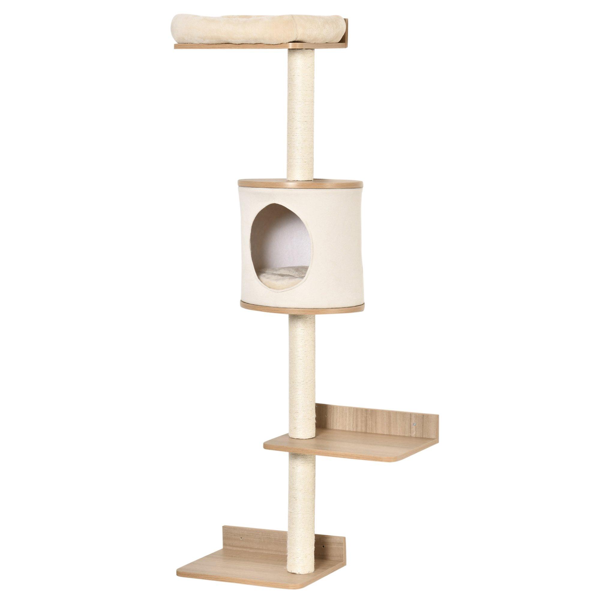 Wall Mounted Cat Tree Shelter with Cat House Bed Scratching Post Beige