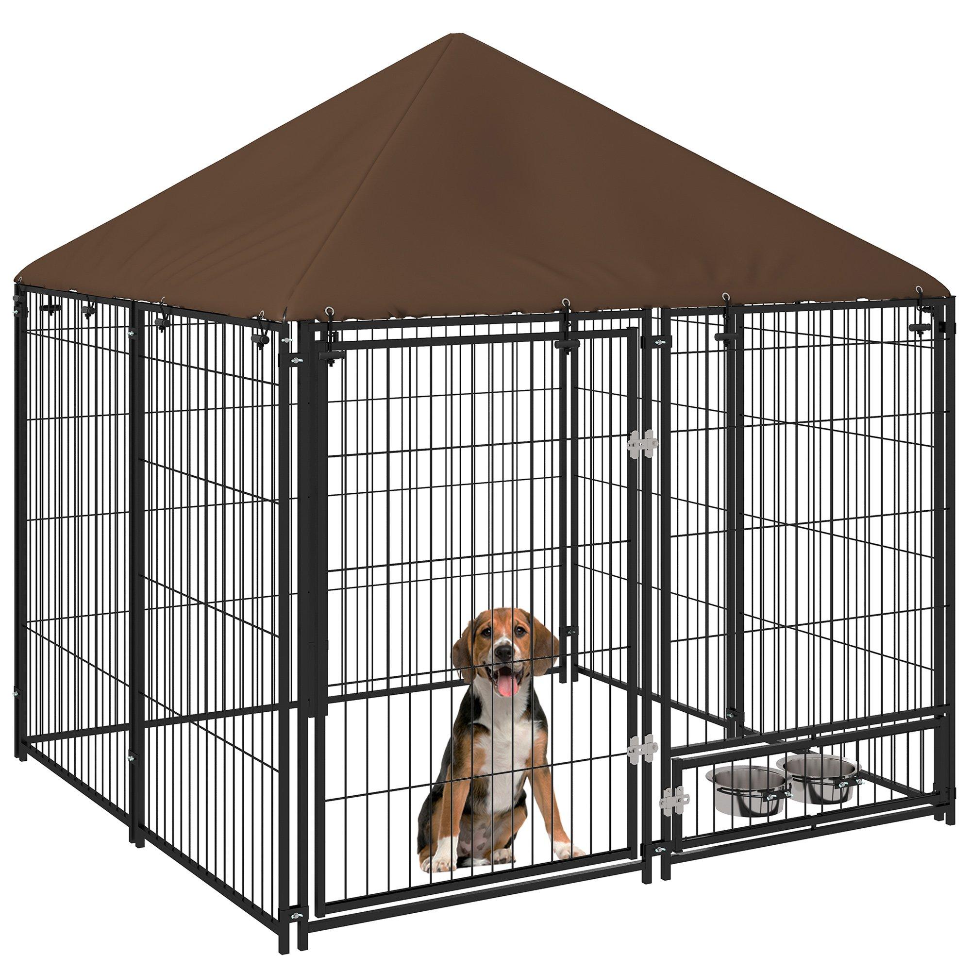 Dog House Kennel with Canopy Top Secure Lock Rotating Bowl Holder