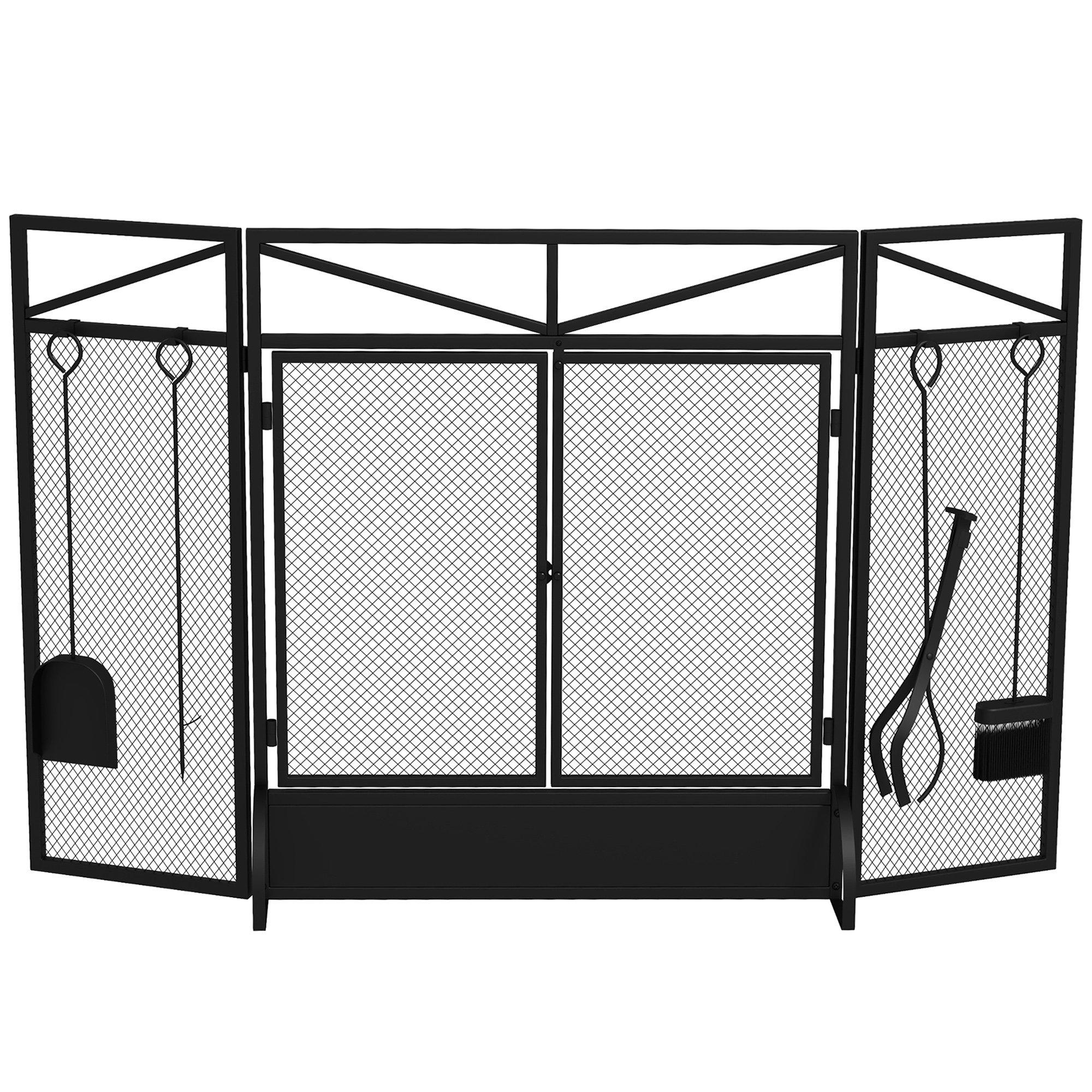 3 Panel Folding Fire Guard Screen with Fireplace Tool Sets