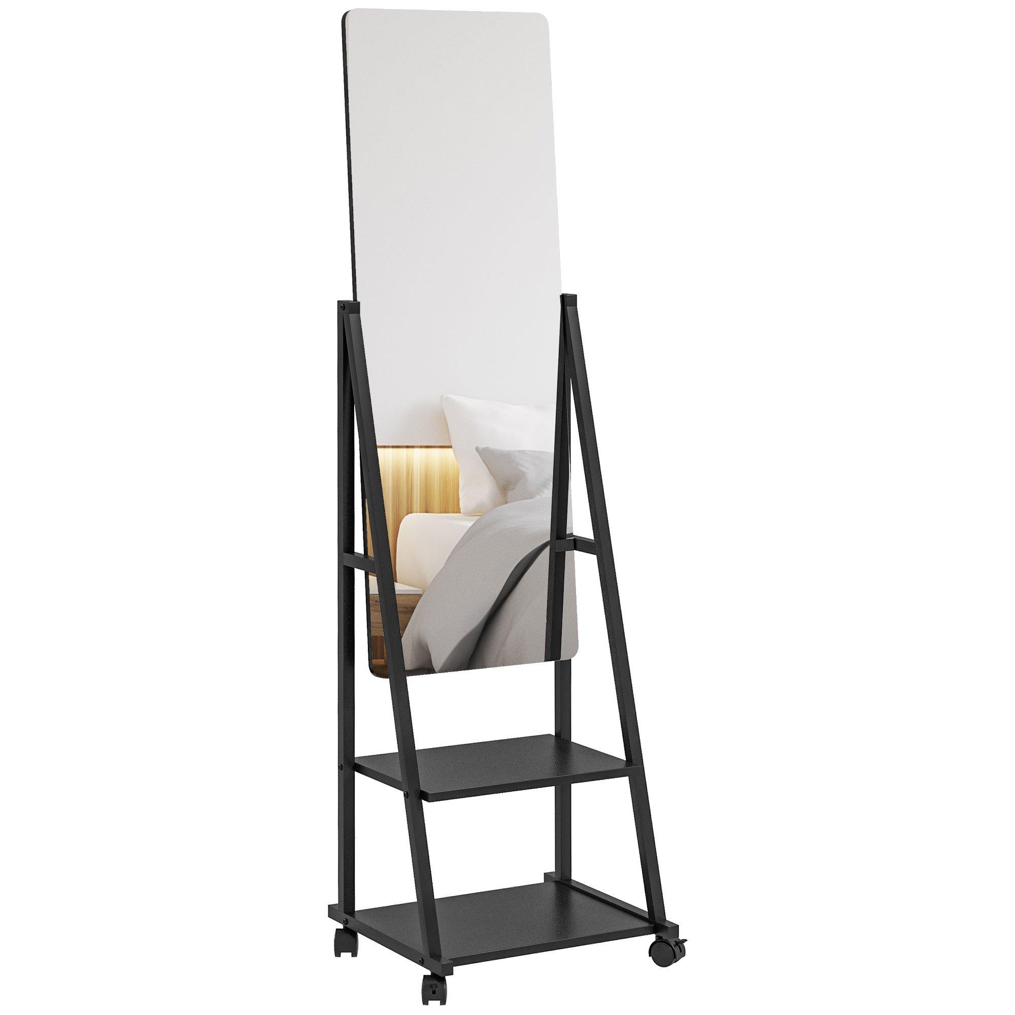 Movable Full Length Mirror Adjustable Full Body Mirror with 2 Shelves