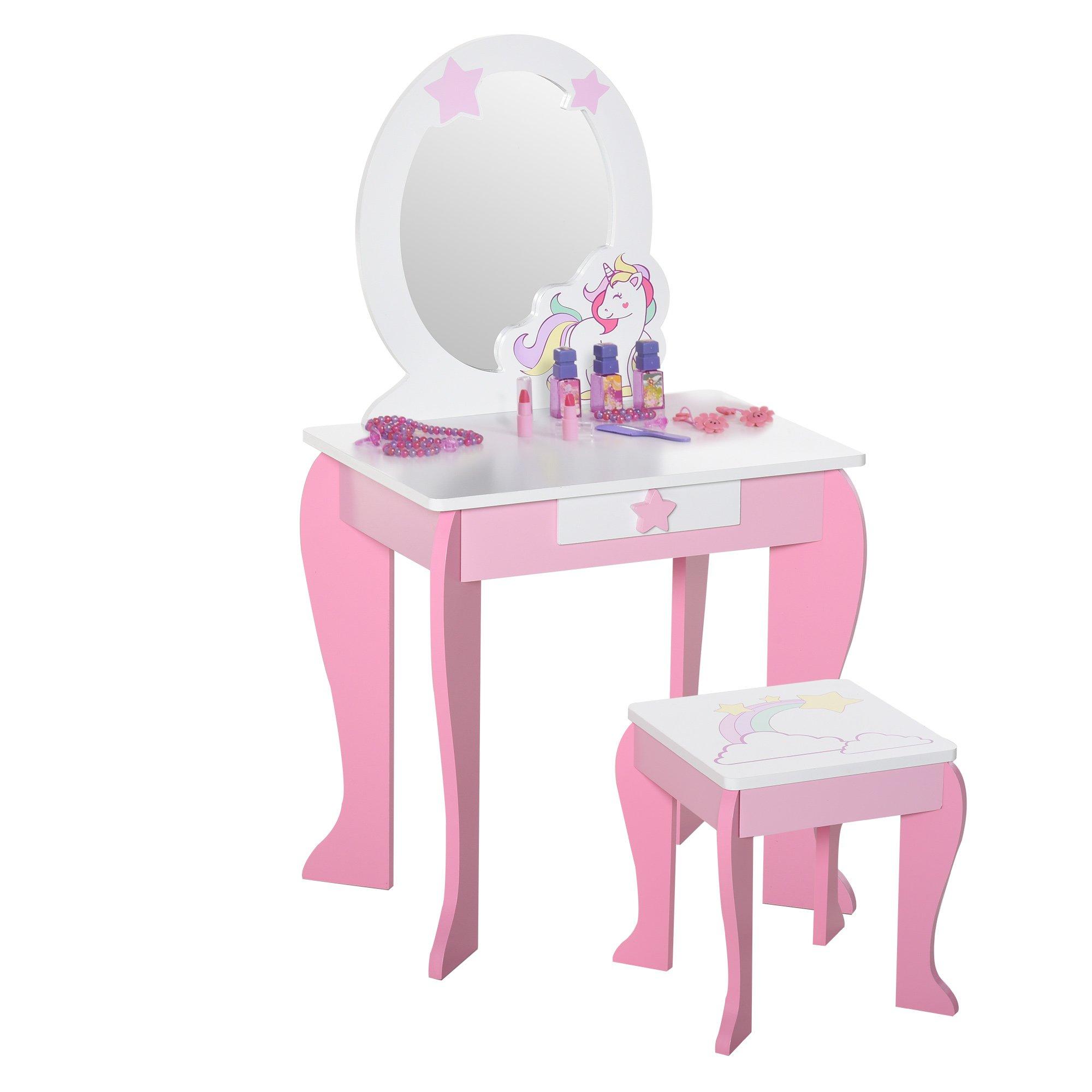 Kids Dressing Table, Girls Vanity Set with Mirror and Stool, Unicorn