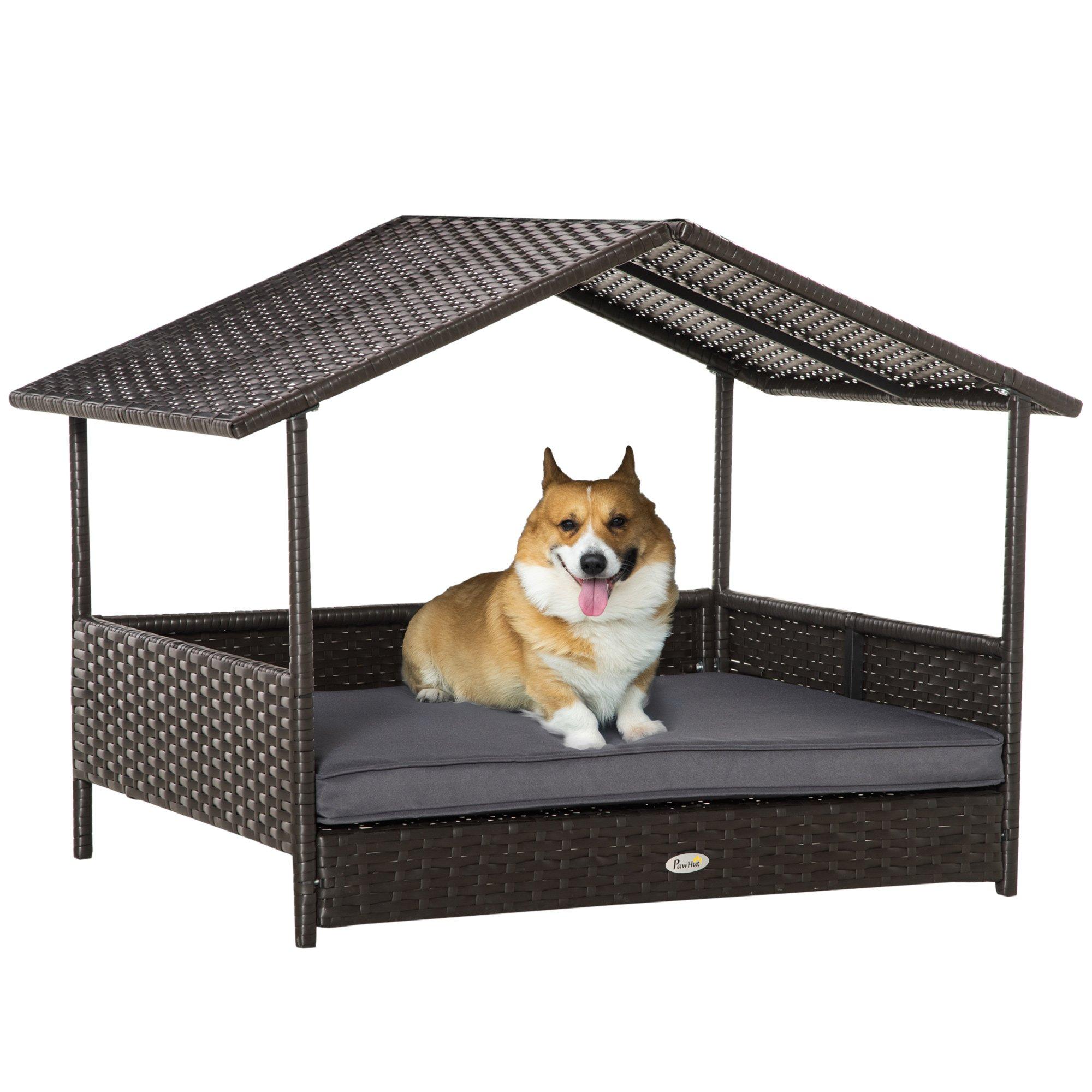 Wicker Dog House, Rattan Pet Bed with Soft Cushion, Canopy, Cat House