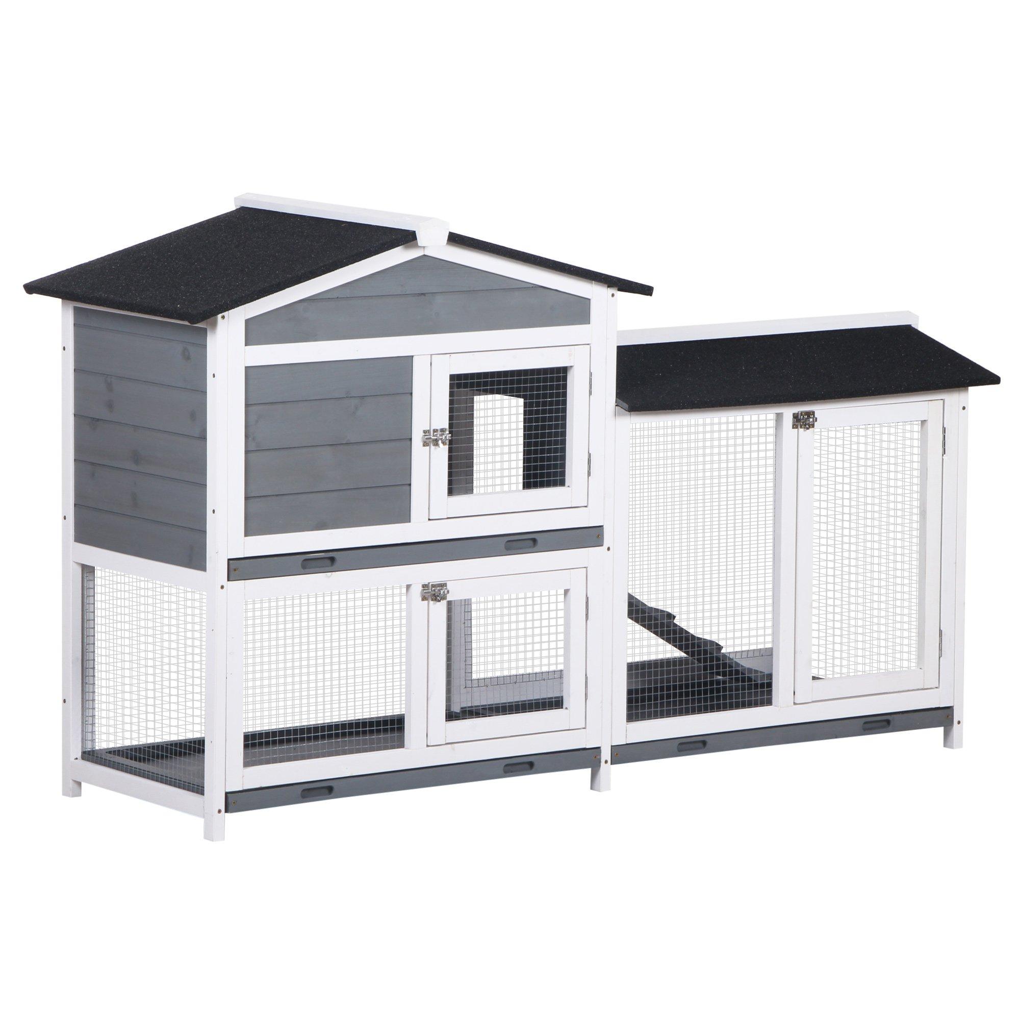 2-Tier Wooden Rabbit Hutch Guinea Pig House Pet Cage Outdoor w/ Tray Ramp