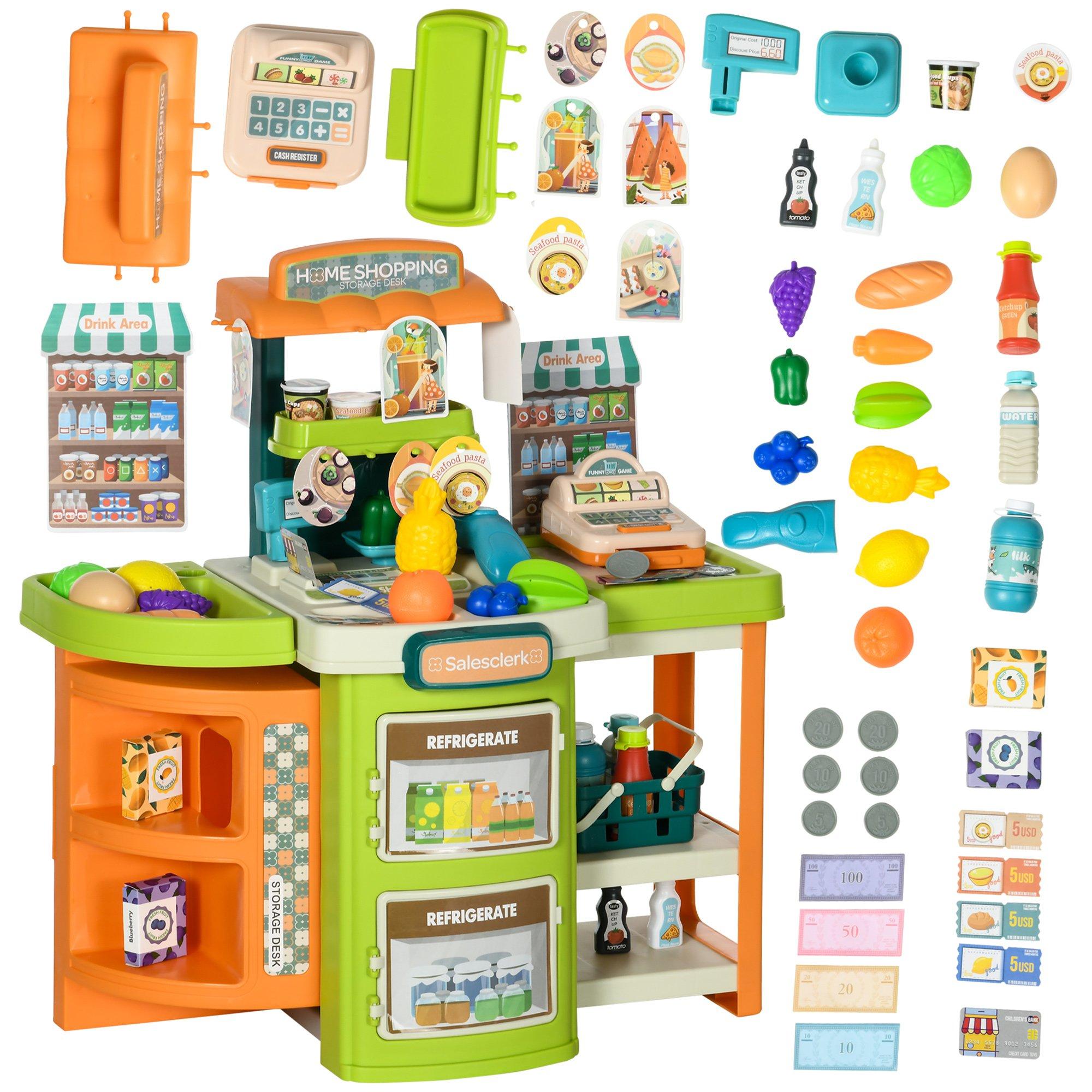 58 Pieces Cash Register for Kids, Trolley with Scanner, Pretend Food