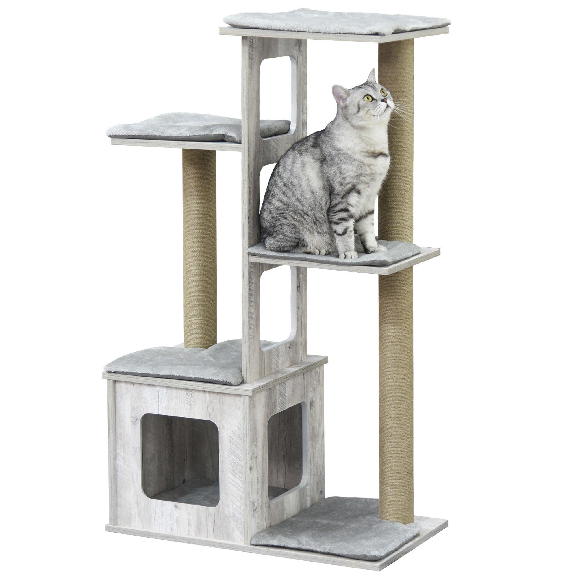114cm Cat Tree Tower, Cats Activity Centre with Cat House, Scratching Post - Grey