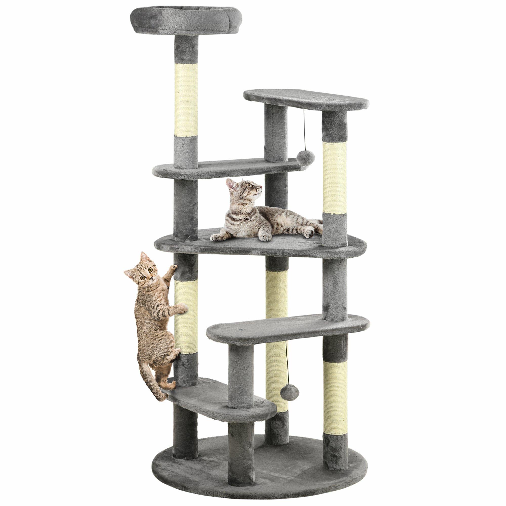 136cm Cat Tree Tower with Scratching Posts Cat Bed Toy Ball Grey