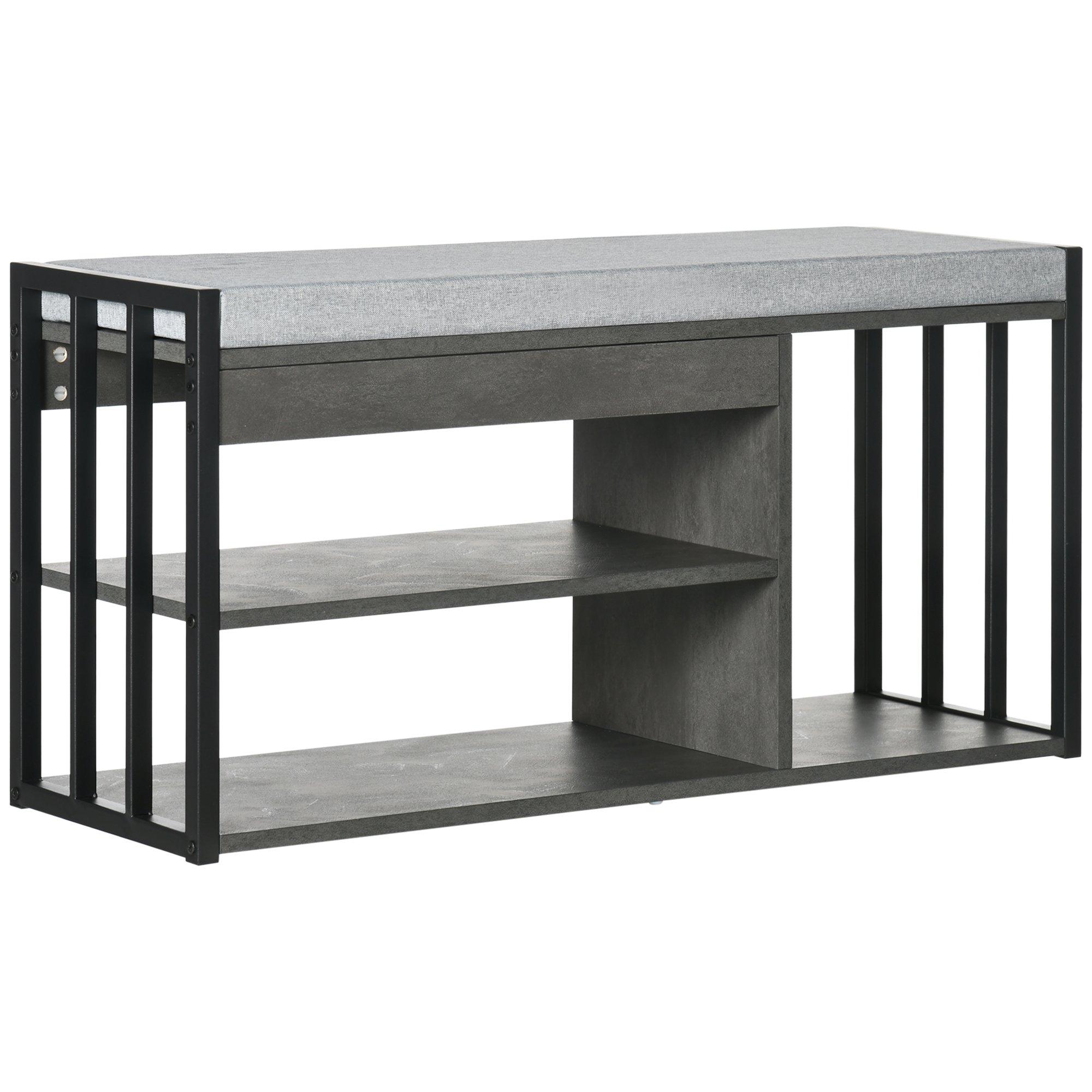 Shoe Bench with 3 Open Shelves and Seating Cushion for Entryway