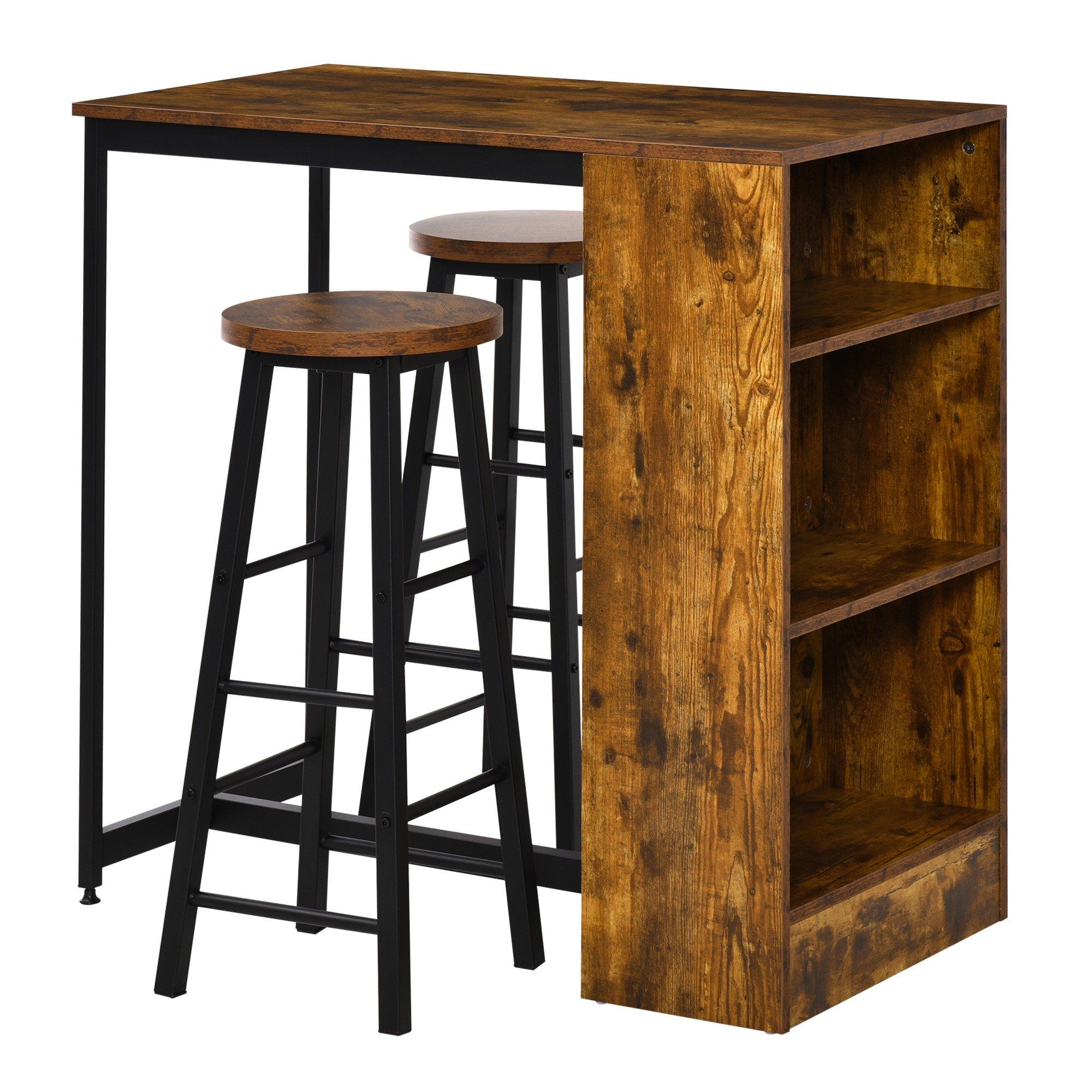3 Pieces Bar Table Set Pub Dining Table with Storage Shelf 2 Stools