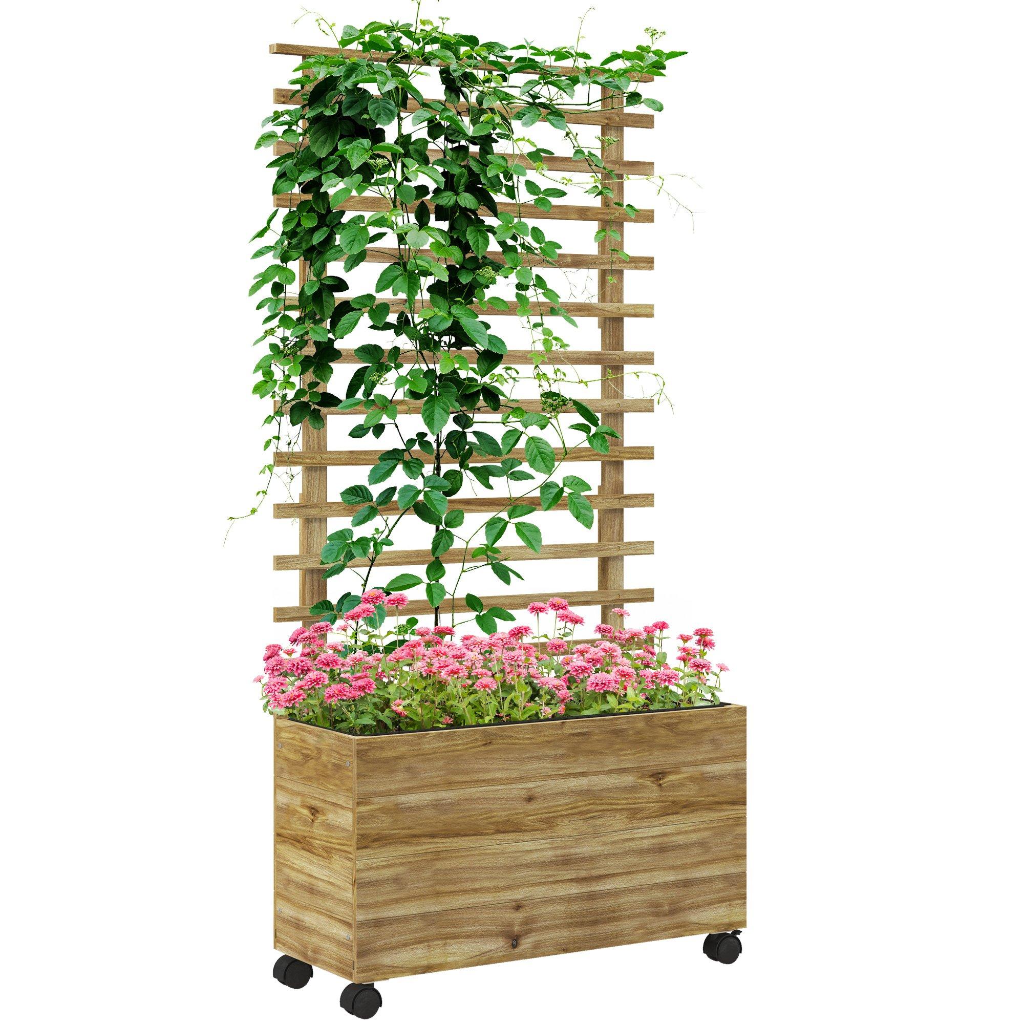 Garden Wooden Trellis Planter Box Raised Bed w/ 4 Wheels