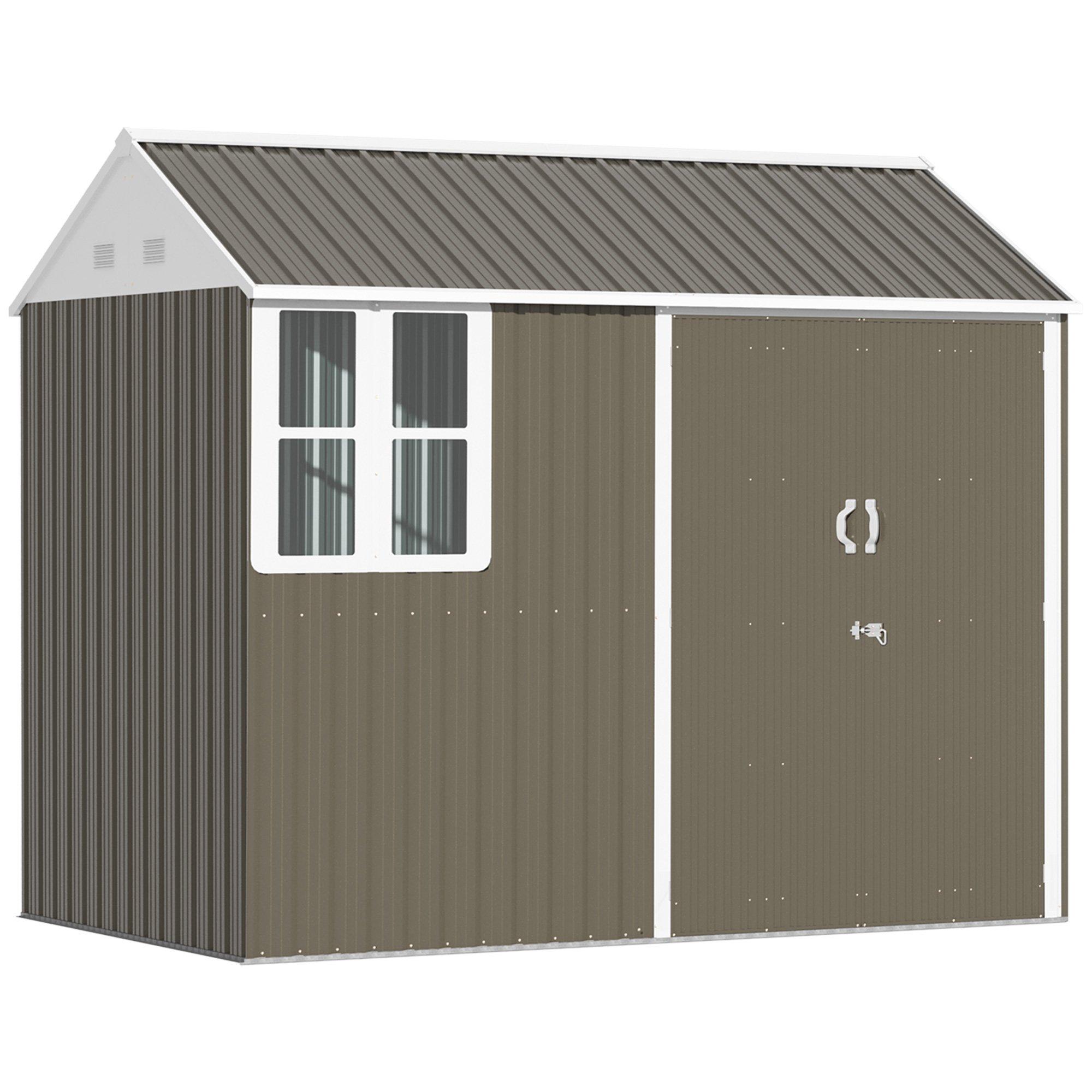 8x6 ft Metal Garden Shed Outdoor Storage Shed with Doors Window Sloped Roof, Grey