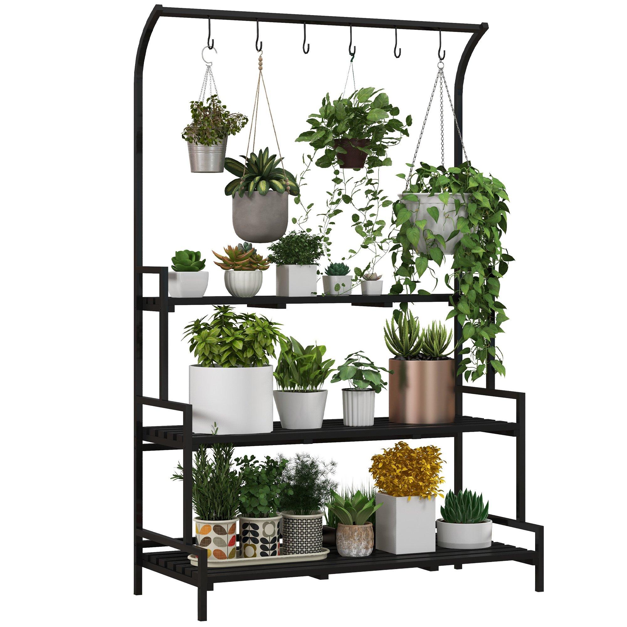3 Tiered Plant Stand Ladder Shelf with Hanging Hooks for Indoor Outdoor Use