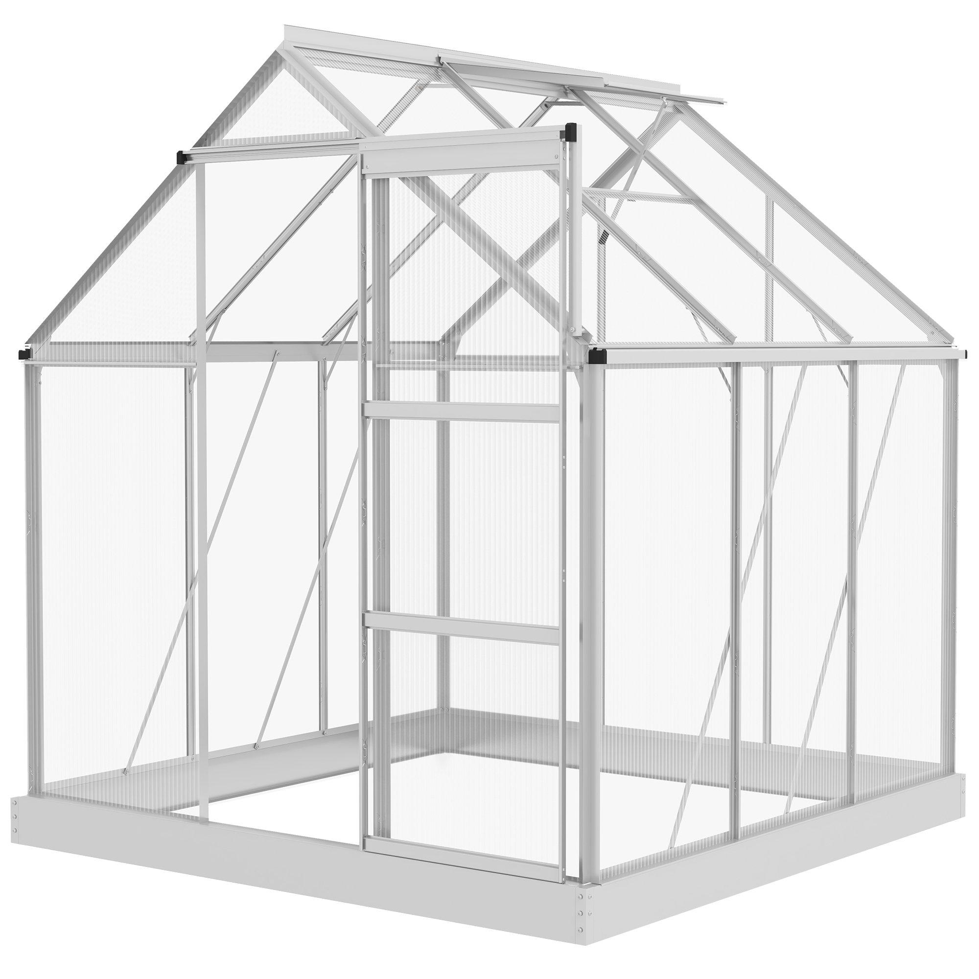 6 x 6ft Polycarbonate Greenhouse with Sliding Door Adjustable Roof Vent Silver