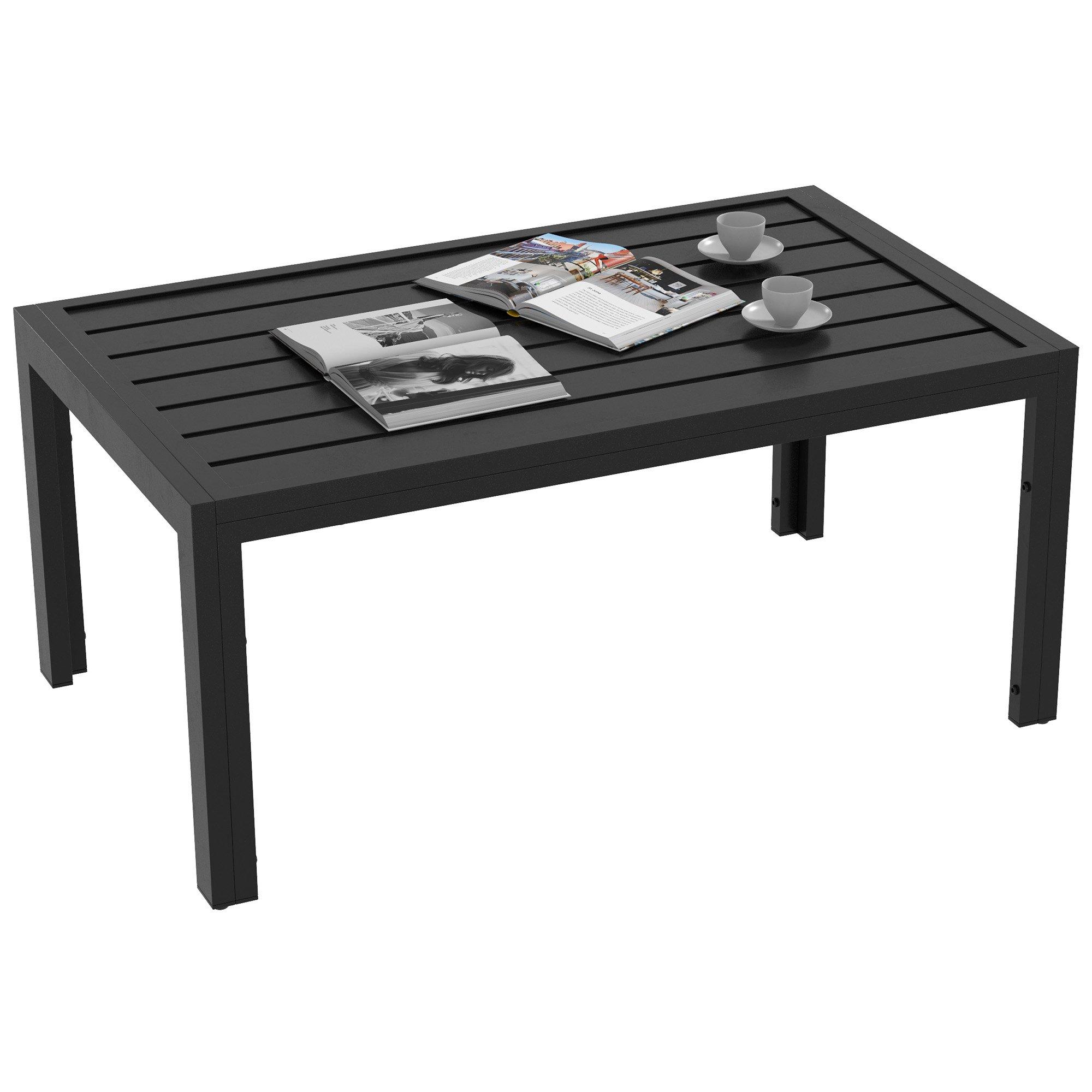 Outdoor Coffee Table Rectangle Patio Table with Steel Frame Slat Tabletop Black