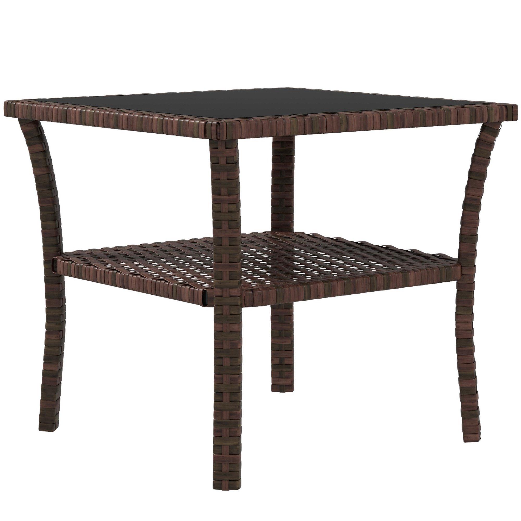 PE Rattan Coffee Table, Two-tier Side Table with Glass Top