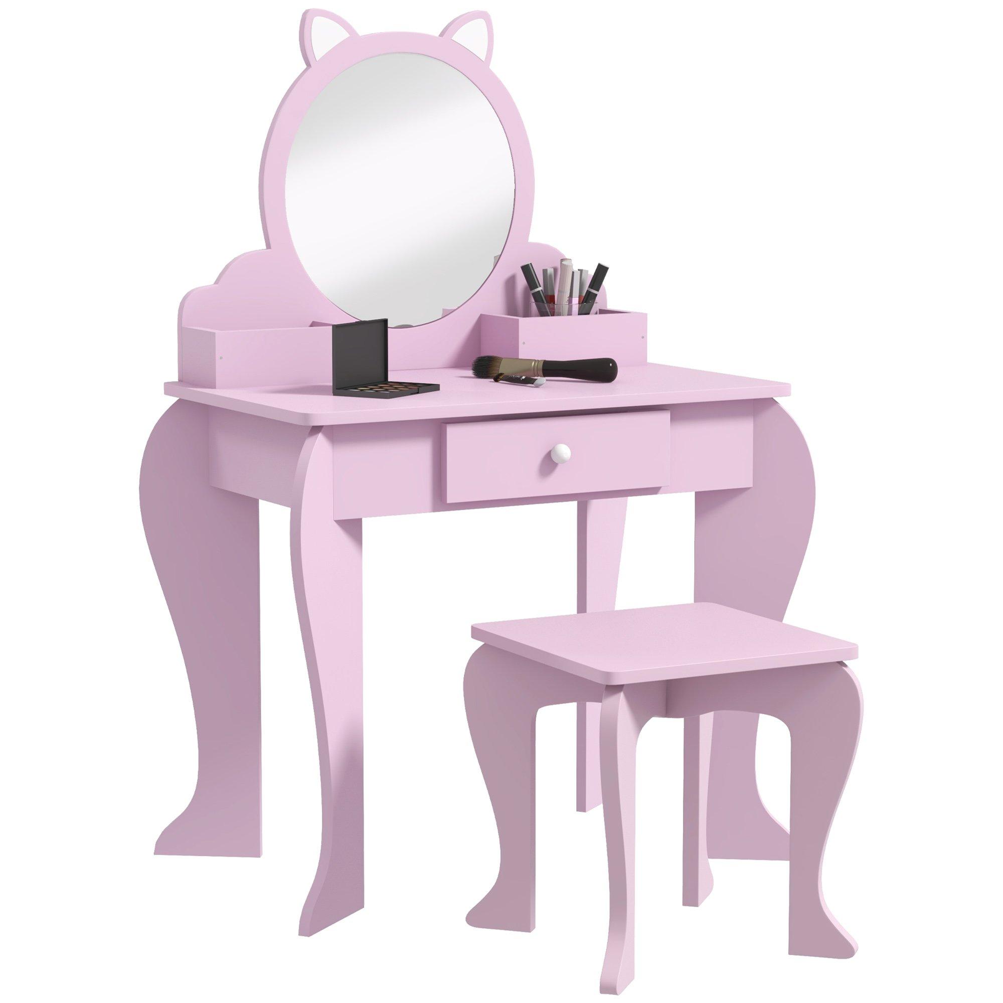 Dressing Table with Mirror and Stool, Drawer, Storage Boxes, Cat Design