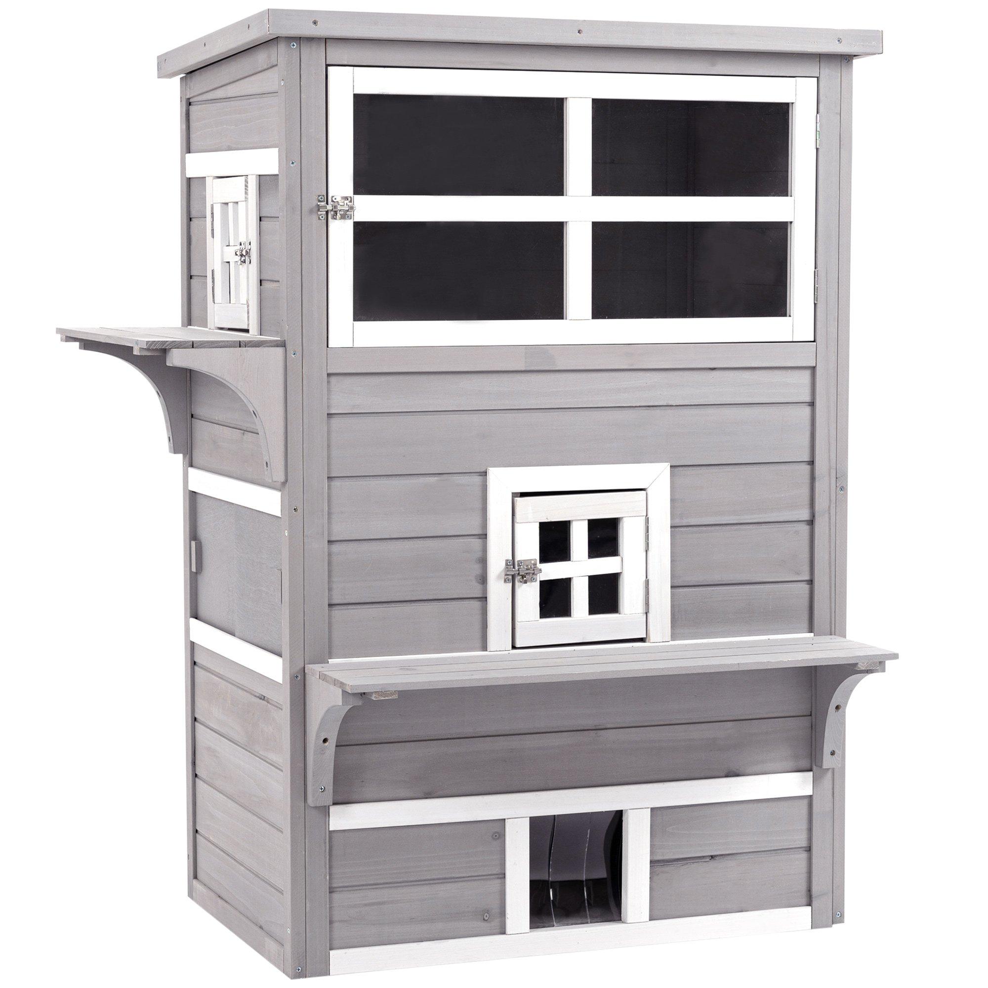 3 Tier Outdoor Cat House with Jumping Platforms, Asphalt Roof, Doors, Grey