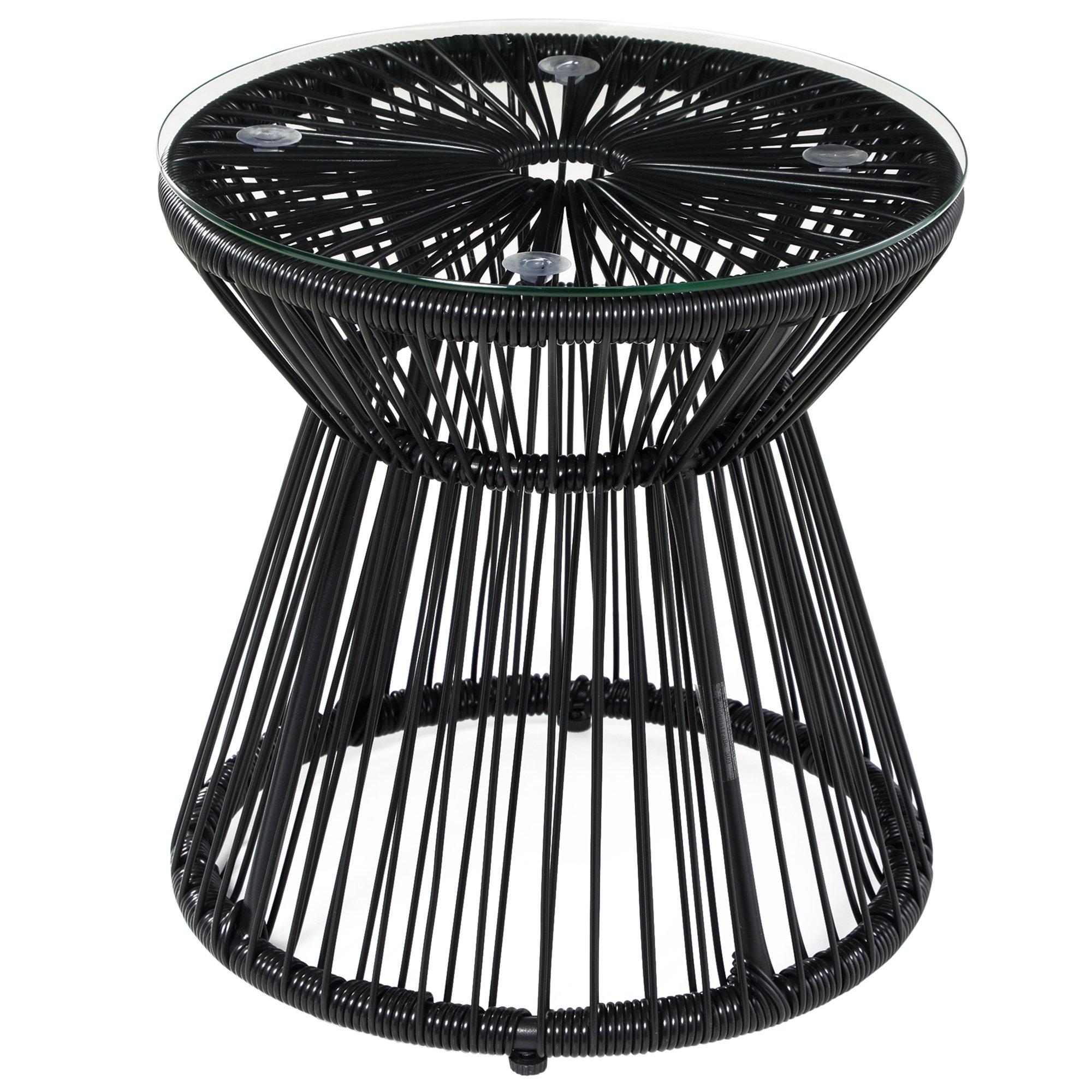 PE Rattan End Table, Round Side Table, Tempered Glass Top Coffee Table, Black