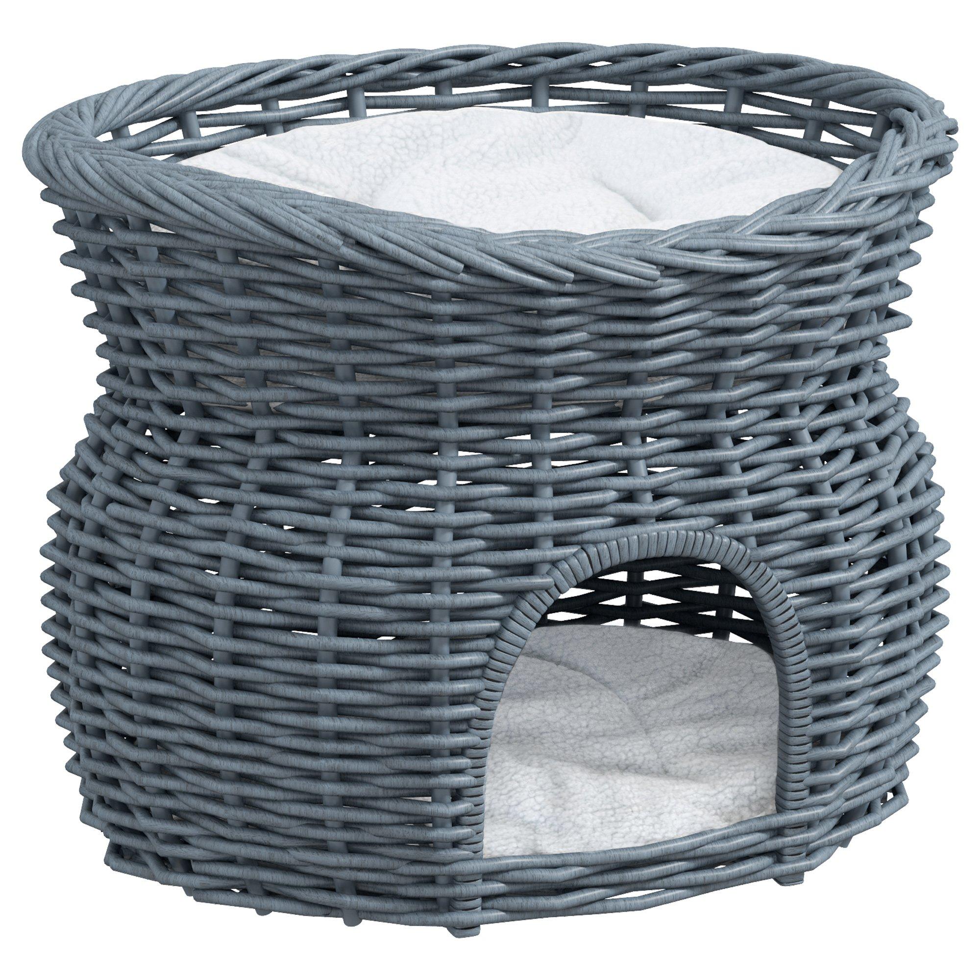2-Tier Elevated Pet Cushion Bed Basket Willow Cat Tree House Condo Kennel Grey