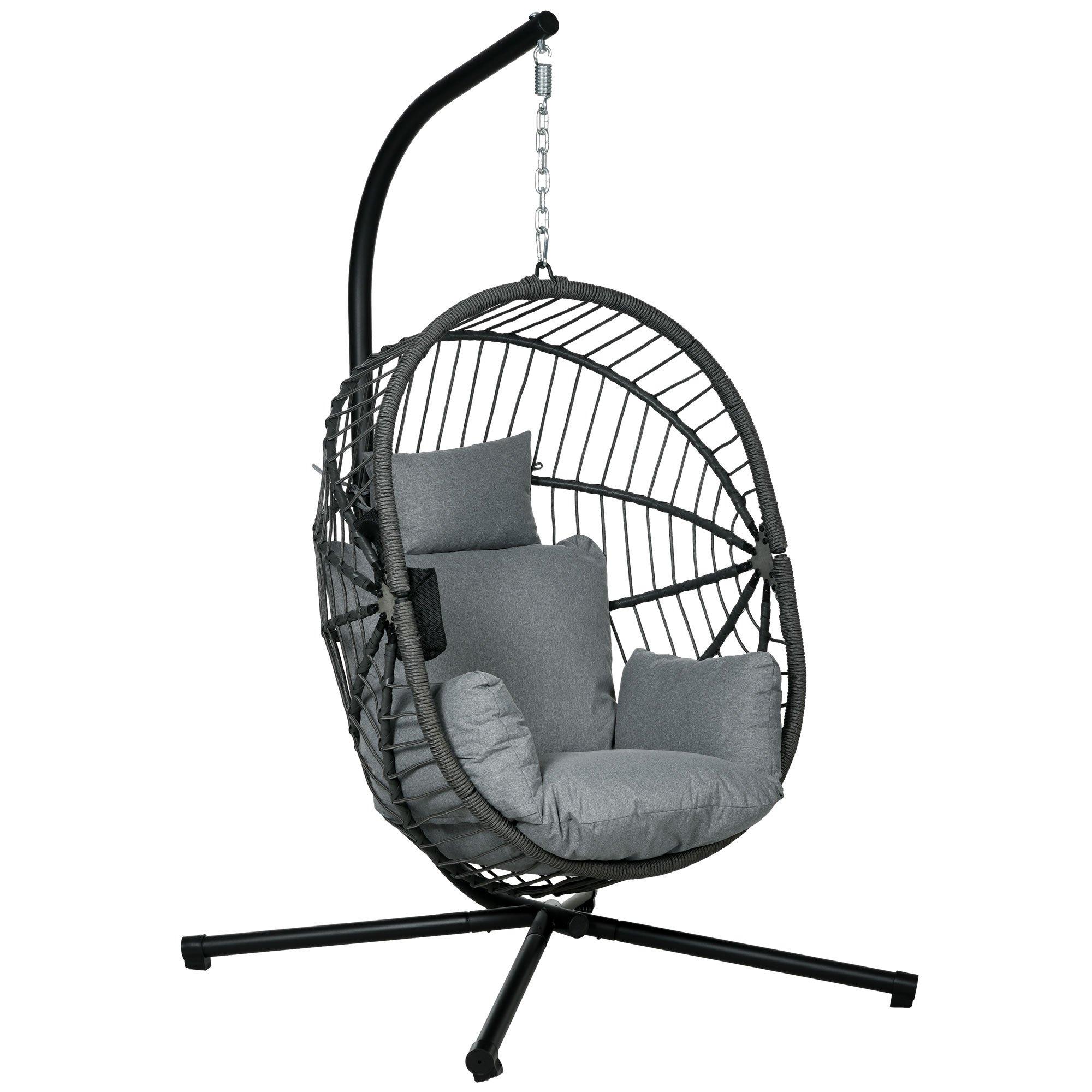Hanging Swing Chair with Thick Cushion, Rope Structure Patio Hanging Chair, Grey