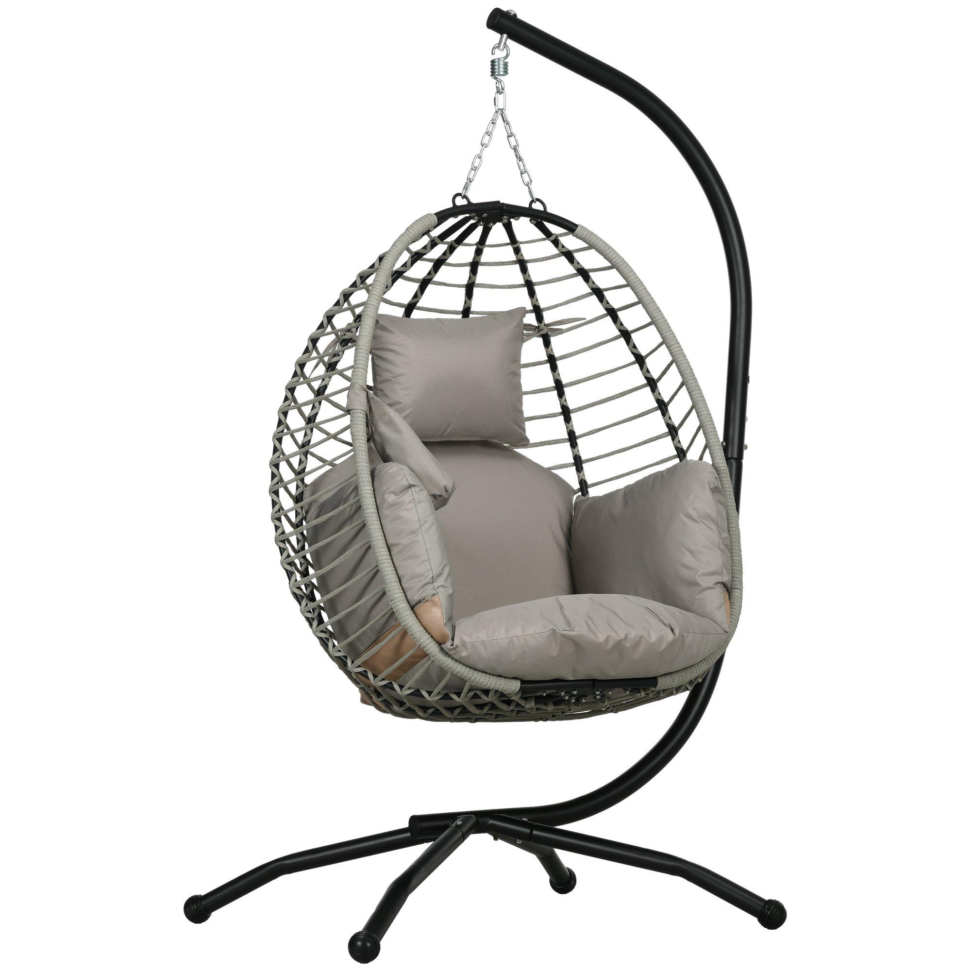 Hanging Swing Chair w/ Thick Cushion, Rope Structure Patio Hanging Chair, Grey