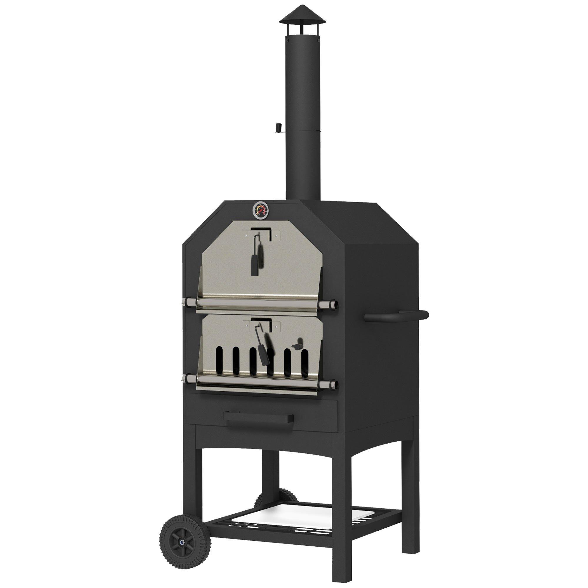 Outdoor Pizza Oven Charcoal Grill with Rain Cover, Shelf and Wheels