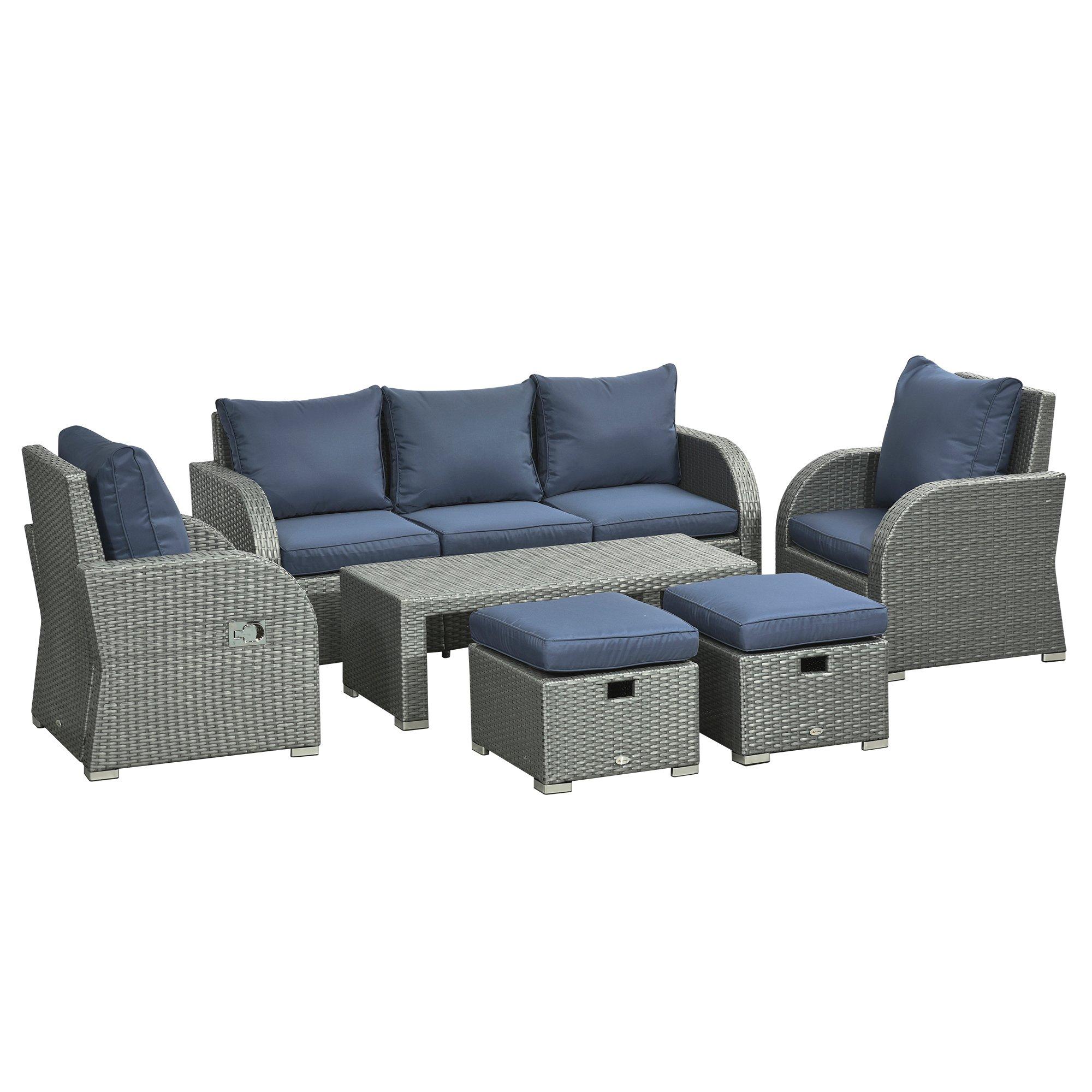 6pc Cushioned Outdoor Rattan Wicker 3-Seat Sofa, Recliner, Footstool, Table Set