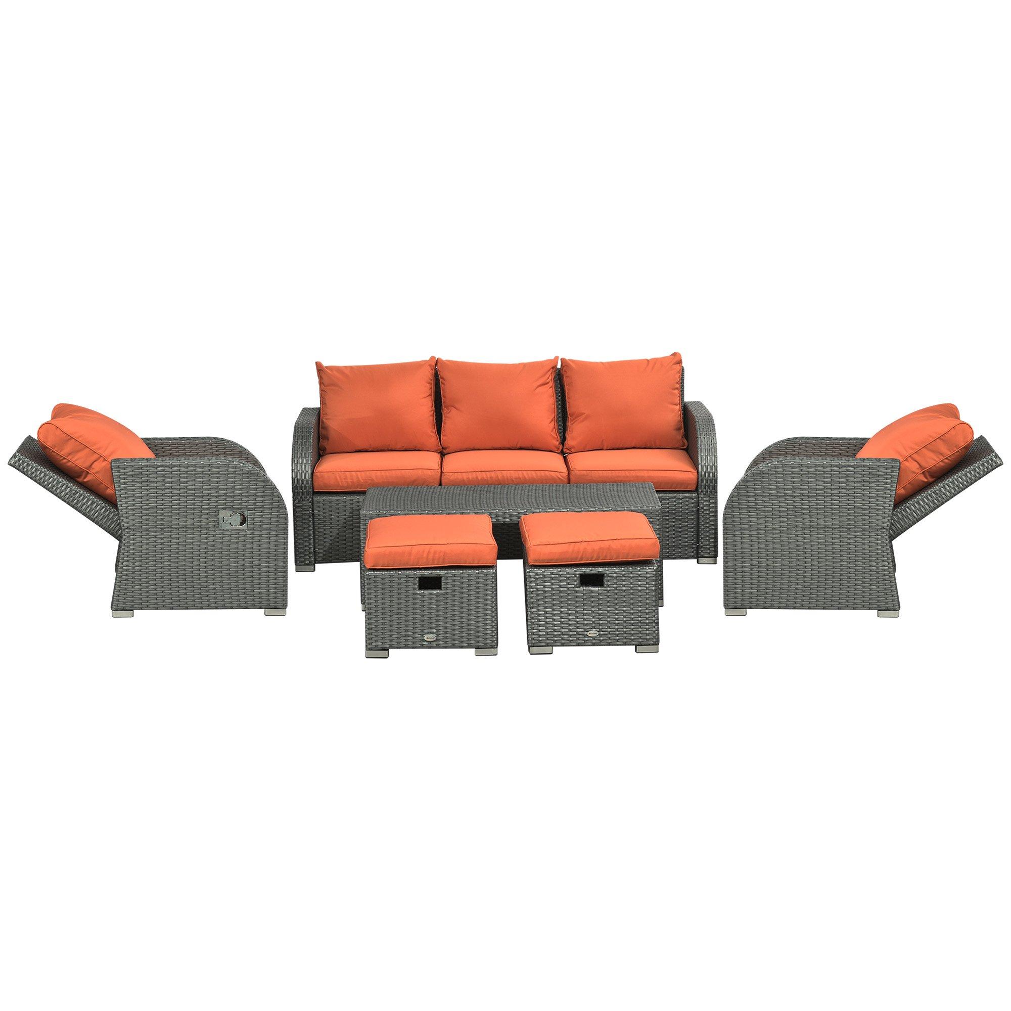 6pc Cushioned Outdoor Rattan Wicker 3-Seat Sofa, Recliner, Footstool, Table Set