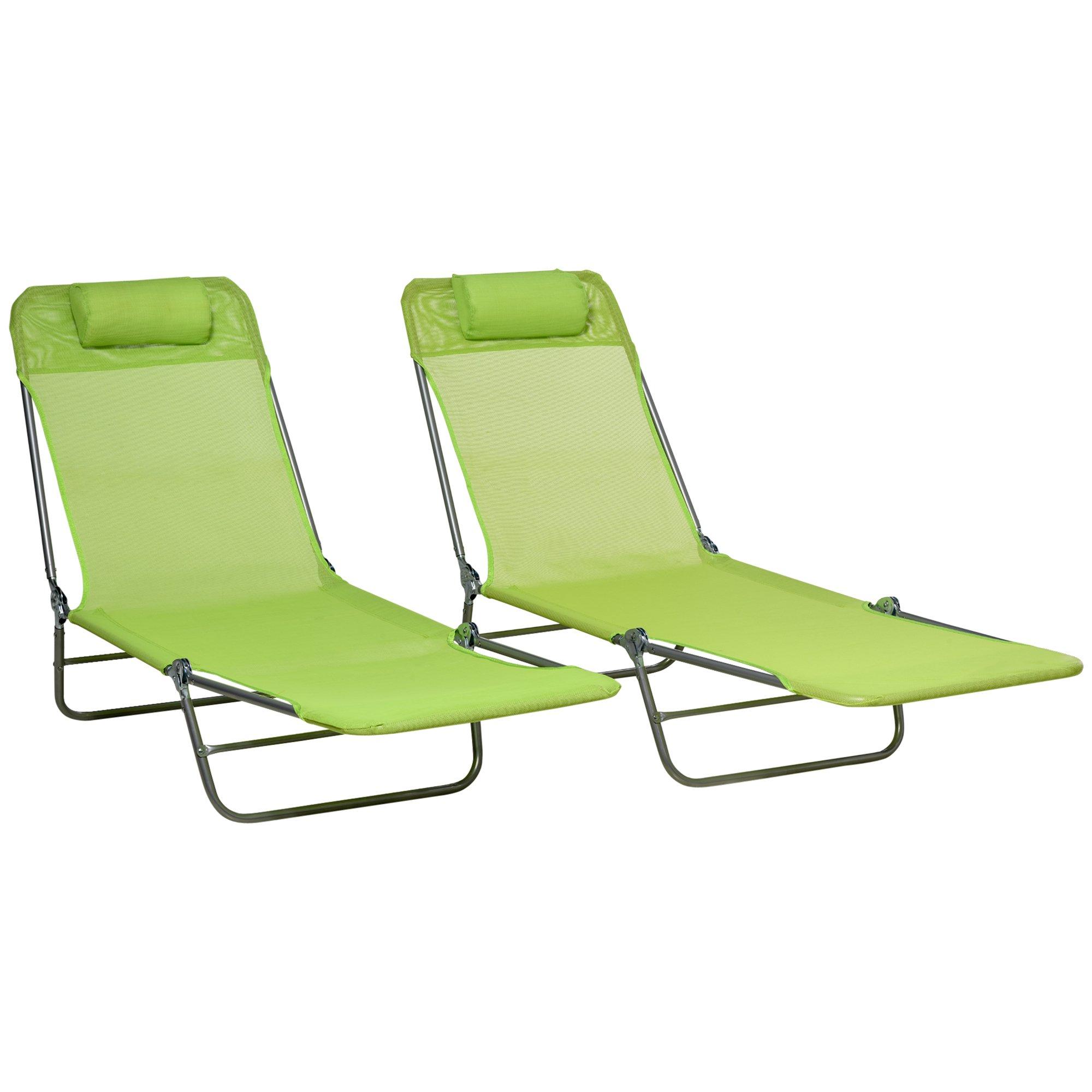 2 Piece Folding Sun Loungers with Adjustable Backrest and Pillow, Green