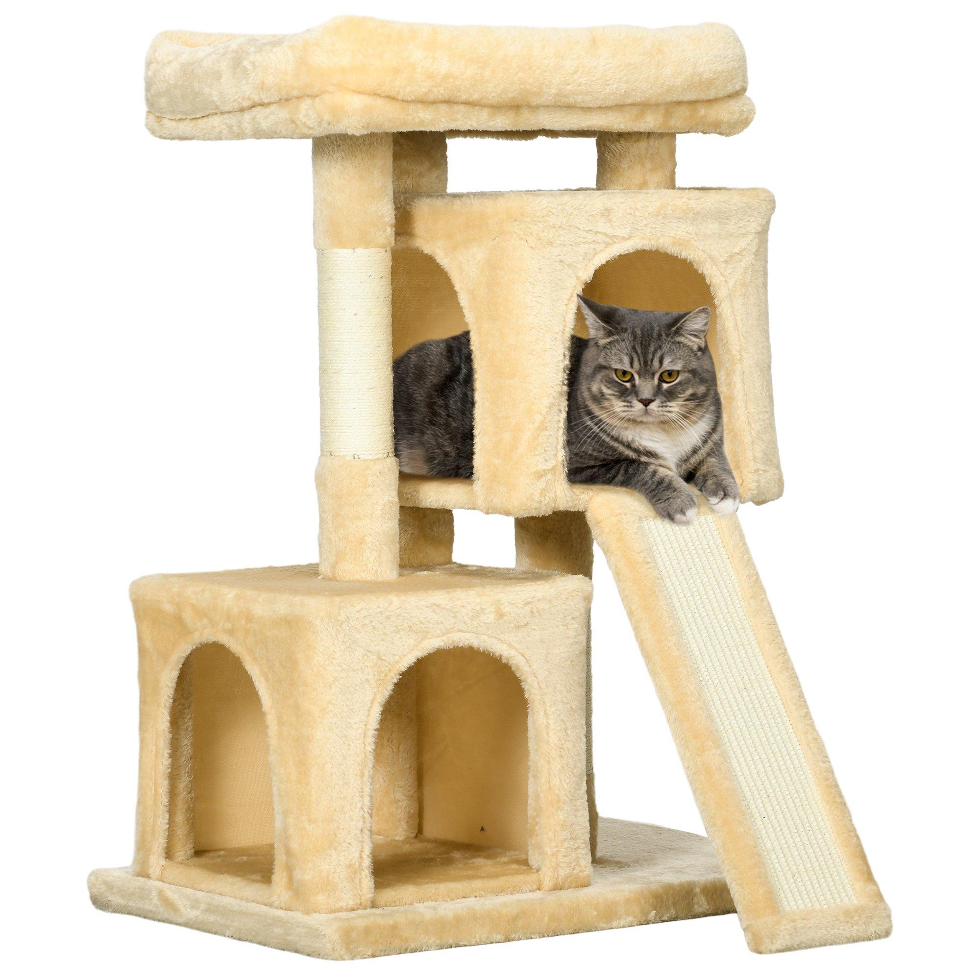 Cat Rest & Play Activity Tree w/ 2 House Perch Scratching Post Cream