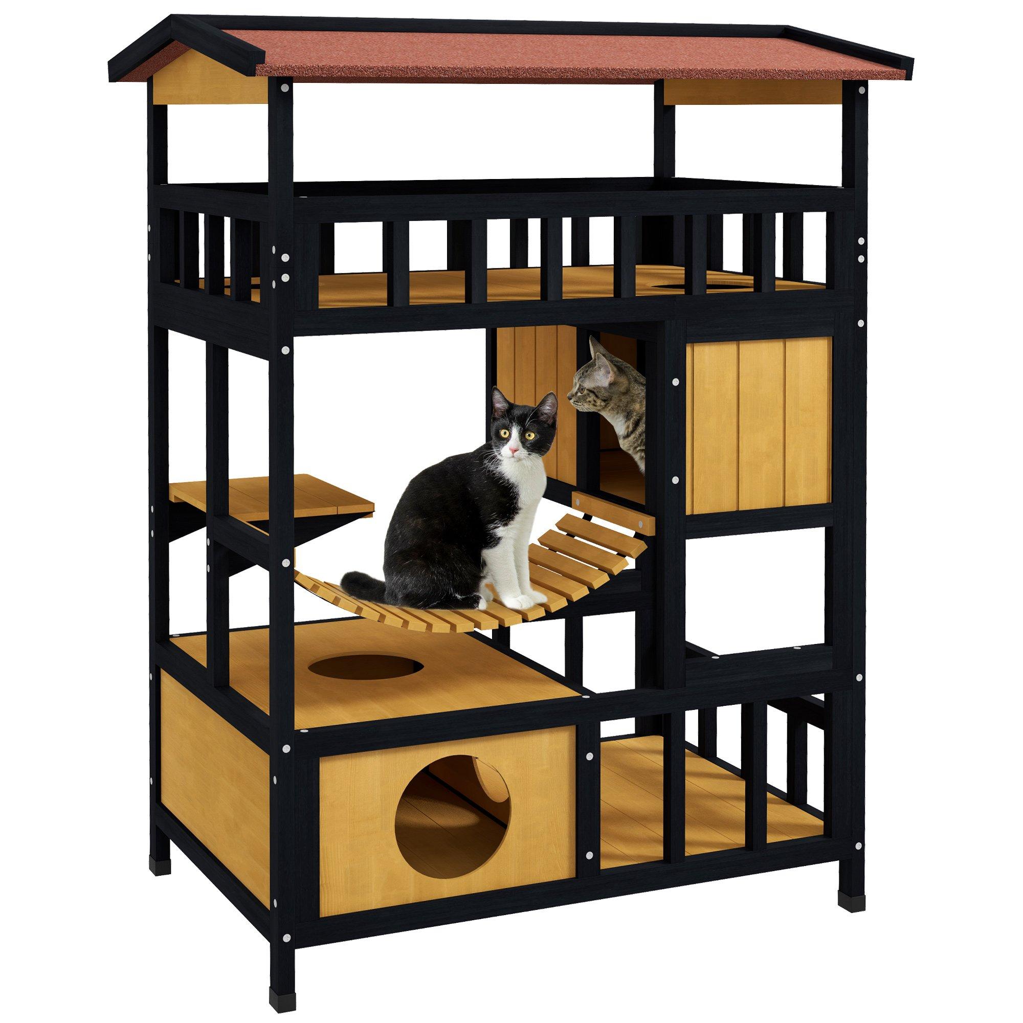 4 Tiers Outdoor Cat House, Wooden Cat Shelter w/ Suspension Bridge, Corridors
