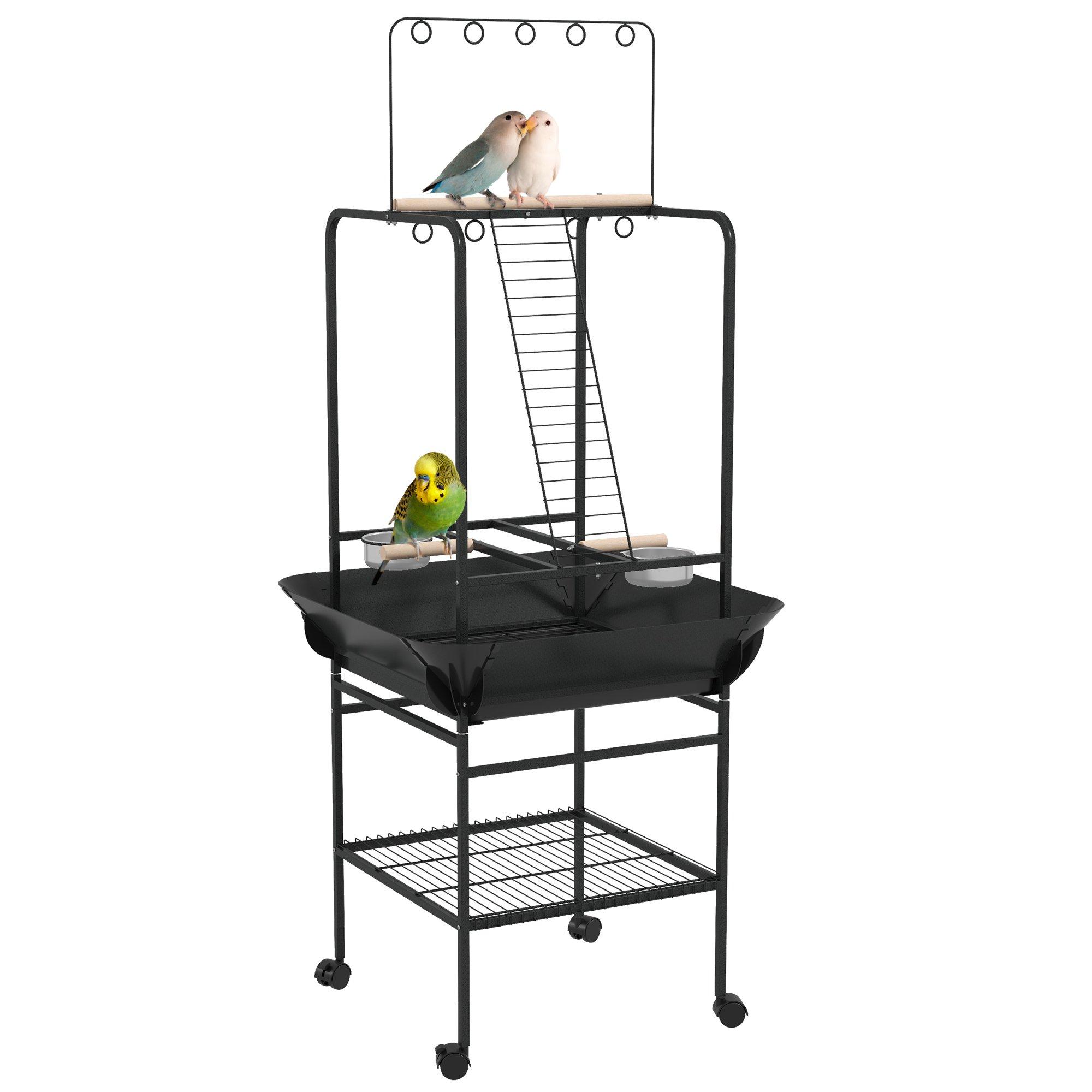 Bird Feeder Stand with Wheels, Perches, Stainless Steel Feed Bowls, Trays
