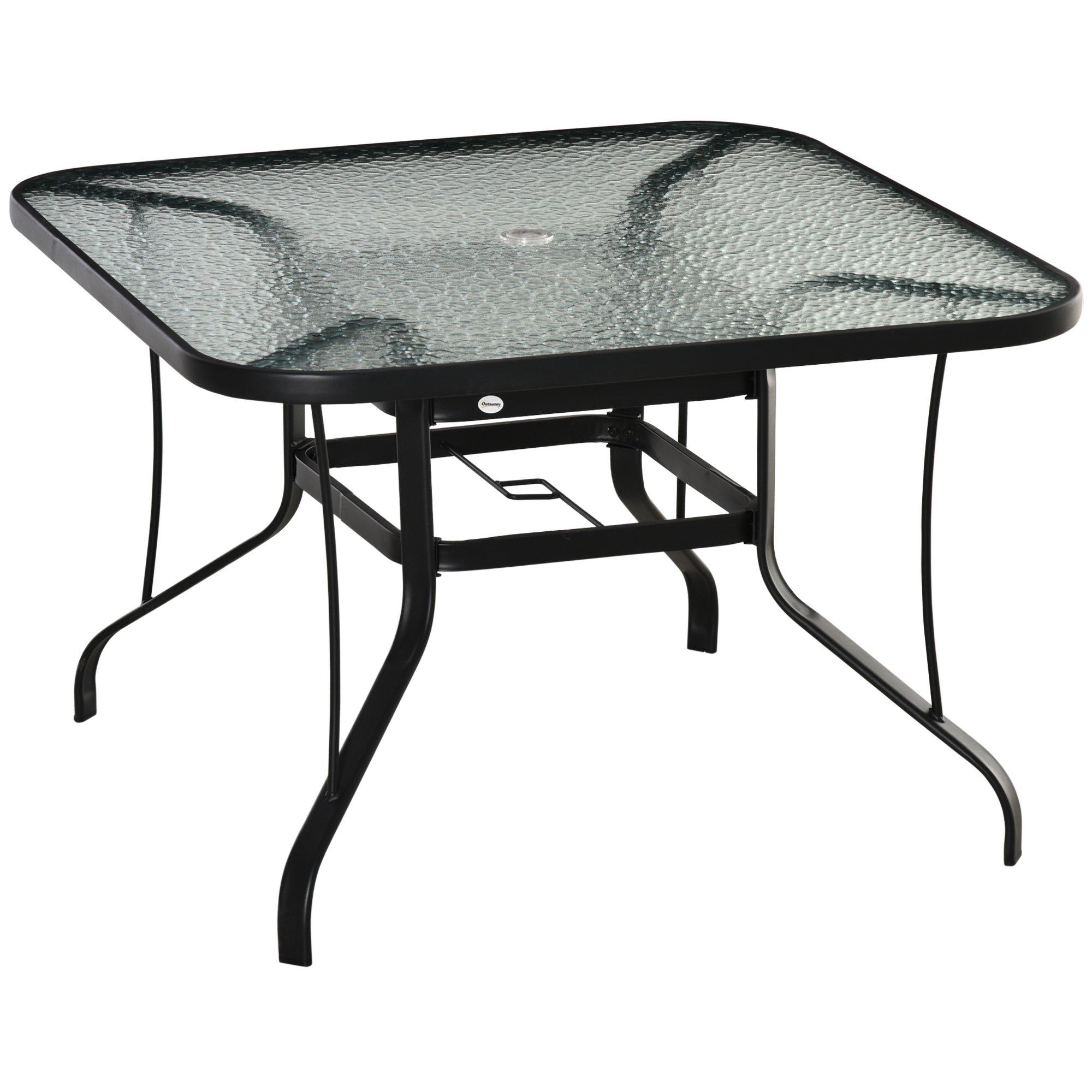 106.5cm Square Patio Dining Table with Parasol Hole, Glass Top